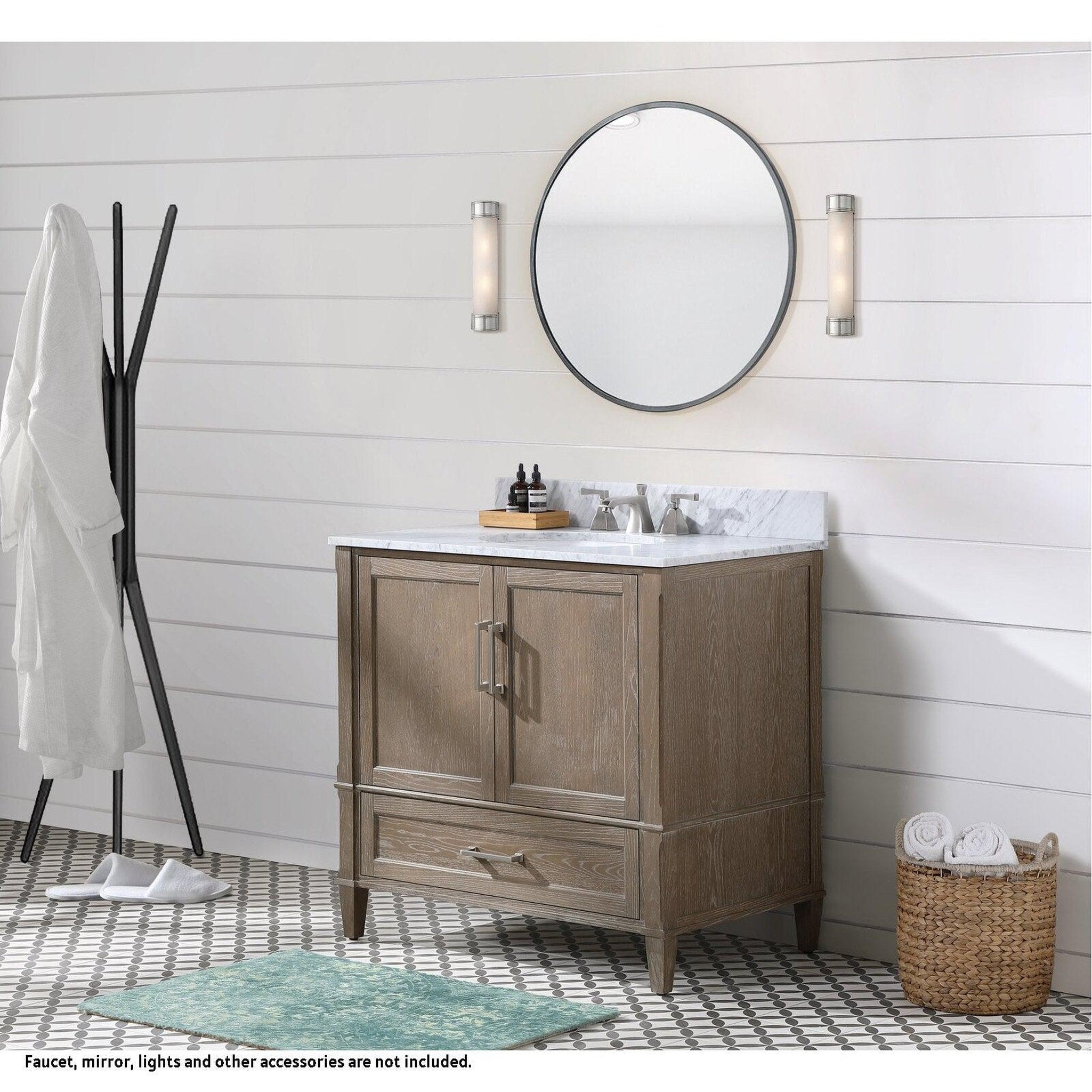 Bemma Design, Bemma Design Montauk 36" Age Light Oak Solid Wood Freestanding Bathroom Vanity With Single 3-Hole Italian Carra Marble Vanity Top, Oval Undermount Sink, and Backsplash