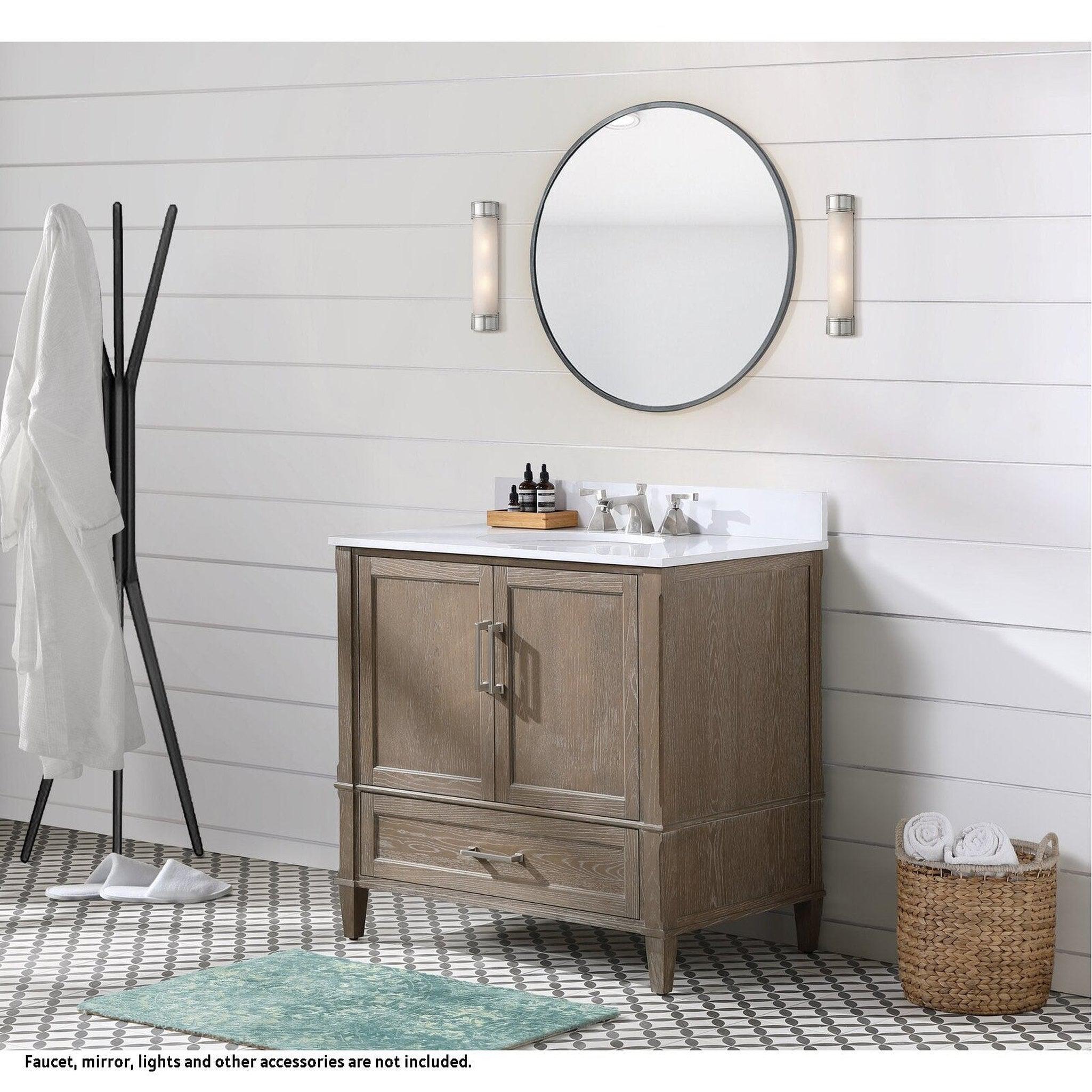 Bemma Design, Bemma Design Montauk 36" Age Light Oak Solid Wood Freestanding Bathroom Vanity With Single 3-Hole White Quartz Vanity Top, Oval Undermount Sink, and Backsplash