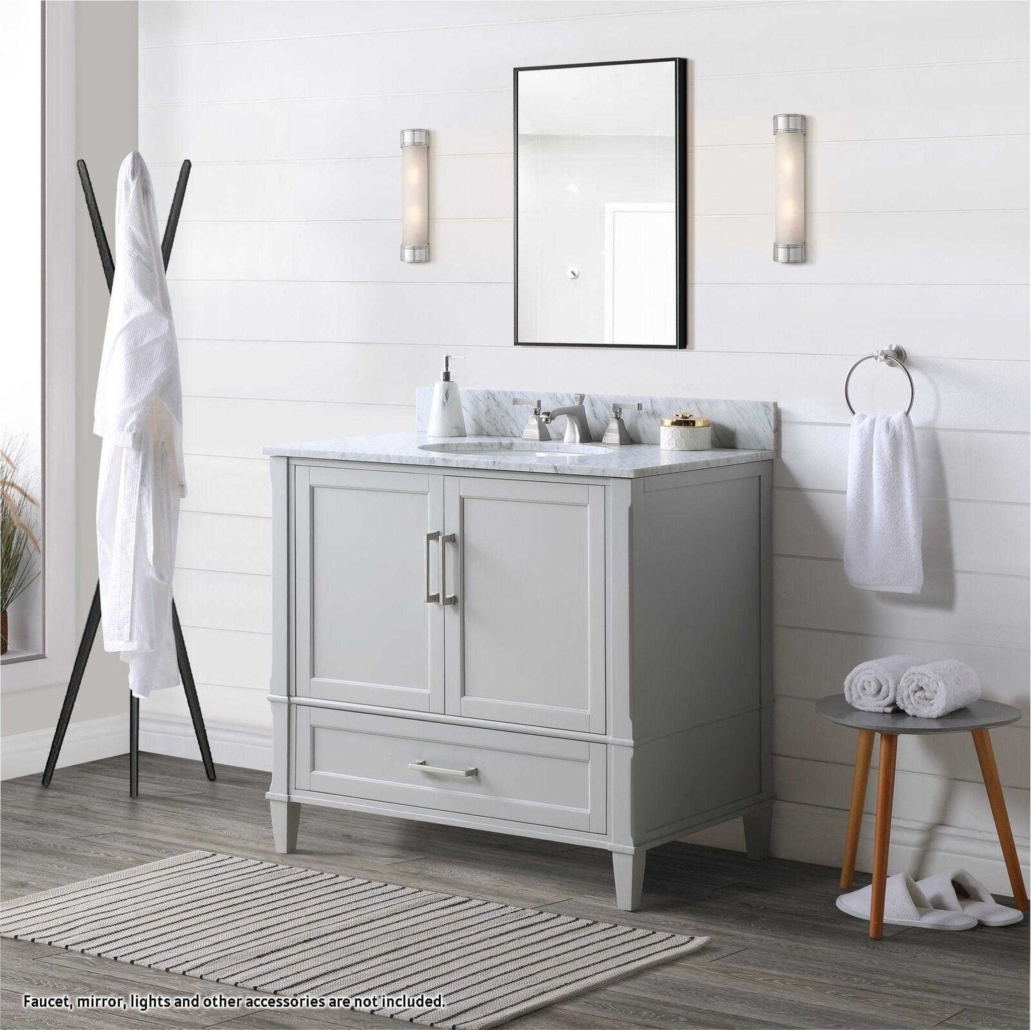 Bemma Design, Bemma Design Montauk 36" Morning Fog Gray Solid Wood Freestanding Bathroom Vanity With Single 3-Hole Italian Carra Marble Vanity Top, Oval Undermount Sink, and Backsplash