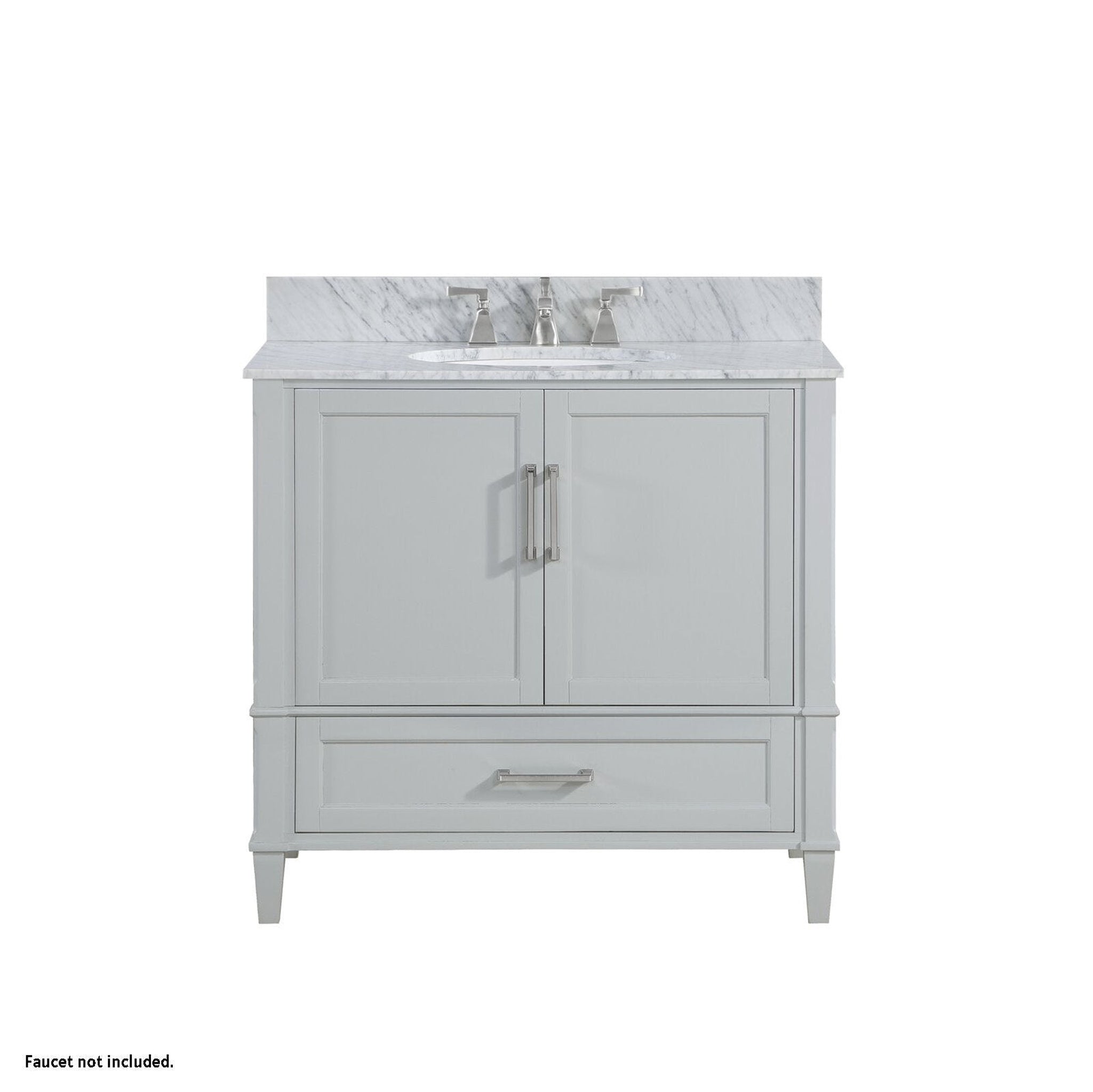 Bemma Design, Bemma Design Montauk 36" Morning Fog Gray Solid Wood Freestanding Bathroom Vanity With Single 3-Hole Italian Carra Marble Vanity Top, Oval Undermount Sink, and Backsplash