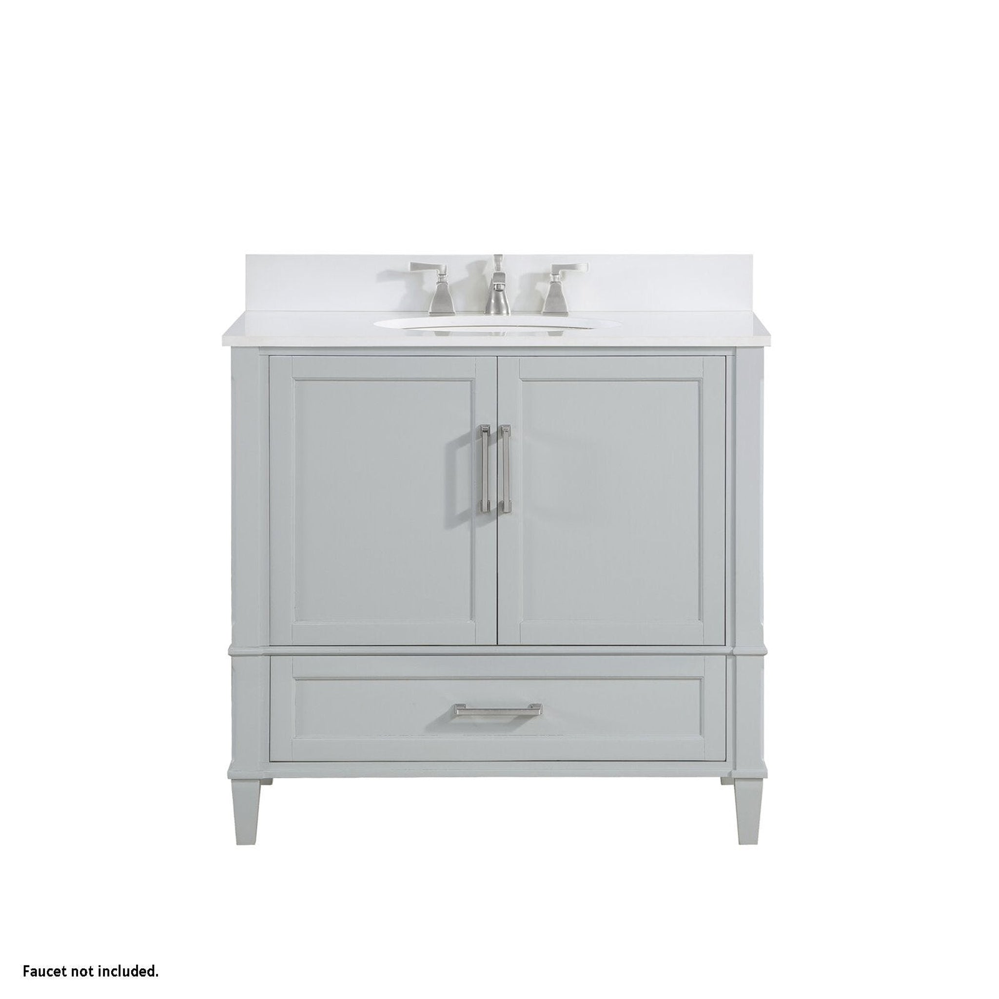 Bemma Design, Bemma Design Montauk 36" Morning Fog Gray Solid Wood Freestanding Bathroom Vanity With Single 3-Hole White Quartz Vanity Top, Oval Undermount Sink, and Backsplash