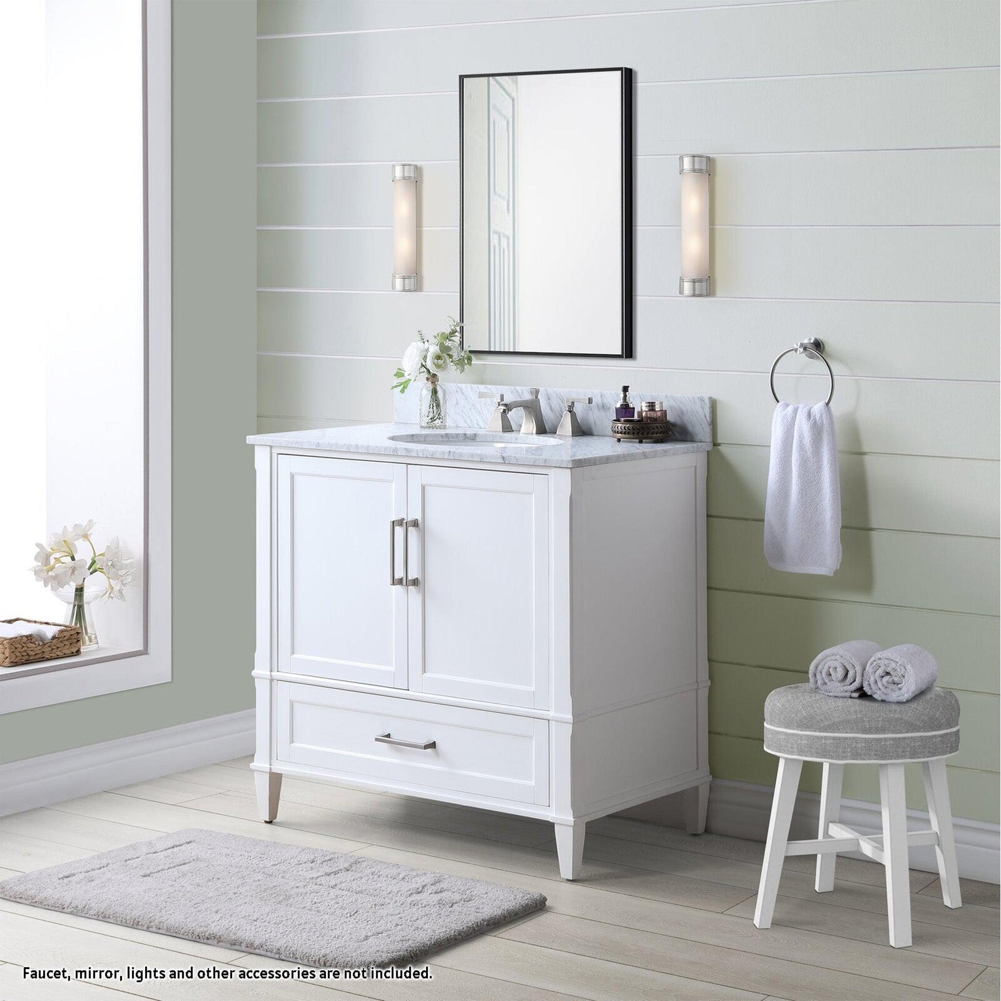 Bemma Design, Bemma Design Montauk 36" Pure White Solid Wood Freestanding Bathroom Vanity With Single 3-Hole Italian Carra Marble Vanity Top, Oval Undermount Sink, and Backsplash