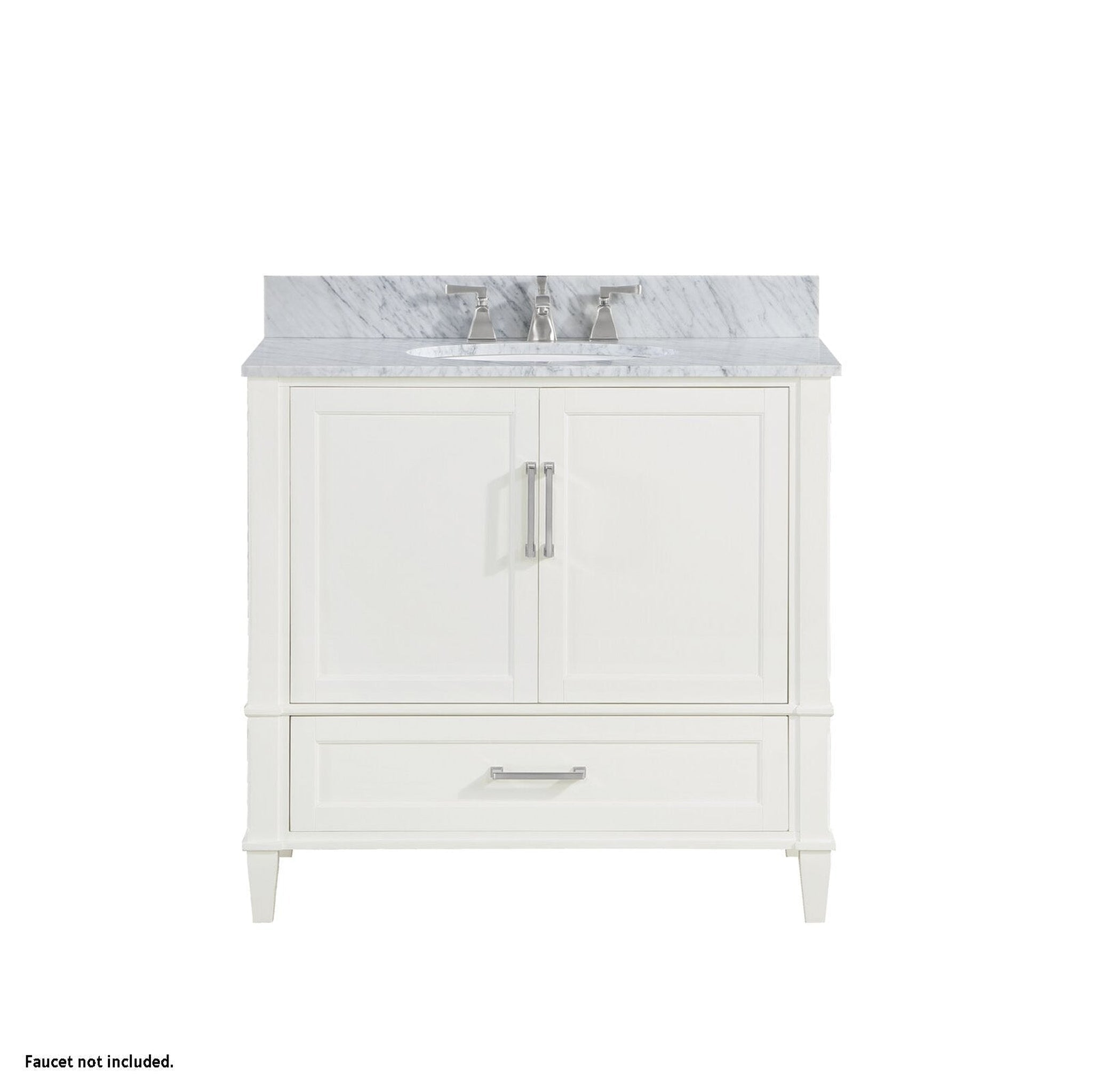 Bemma Design, Bemma Design Montauk 36" Pure White Solid Wood Freestanding Bathroom Vanity With Single 3-Hole Italian Carra Marble Vanity Top, Oval Undermount Sink, and Backsplash