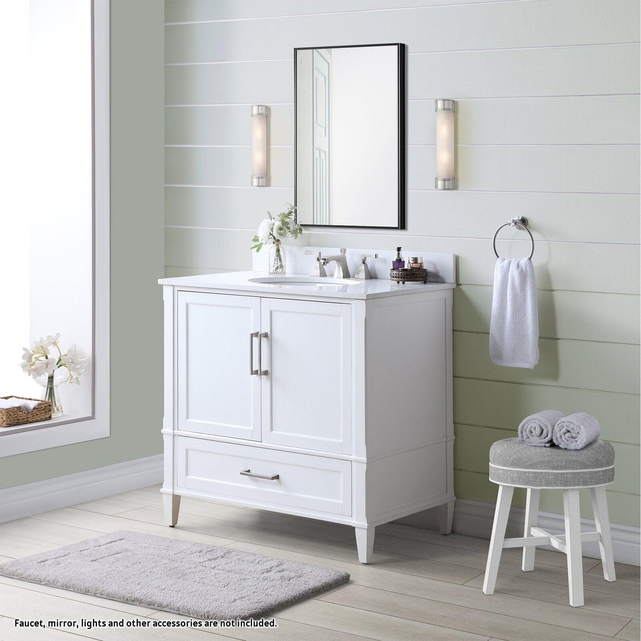 Bemma Design, Bemma Design Montauk 36" Pure White Solid Wood Freestanding Bathroom Vanity With Single 3-Hole White Quartz Vanity Top, Oval Undermount Sink, and Backsplash