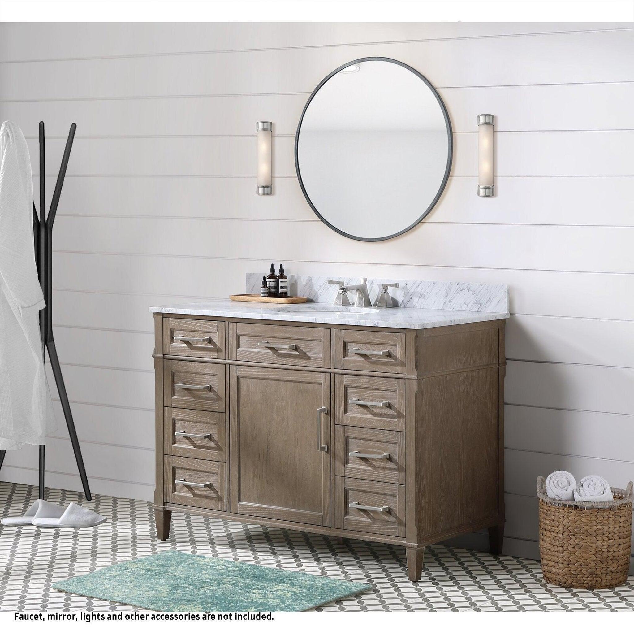 Bemma Design, Bemma Design Montauk 48" Age Light Oak Solid Wood Freestanding Bathroom Vanity With Single 3-Hole Italian Carra Marble Vanity Top, Oval Undermount Sink, and Backsplash