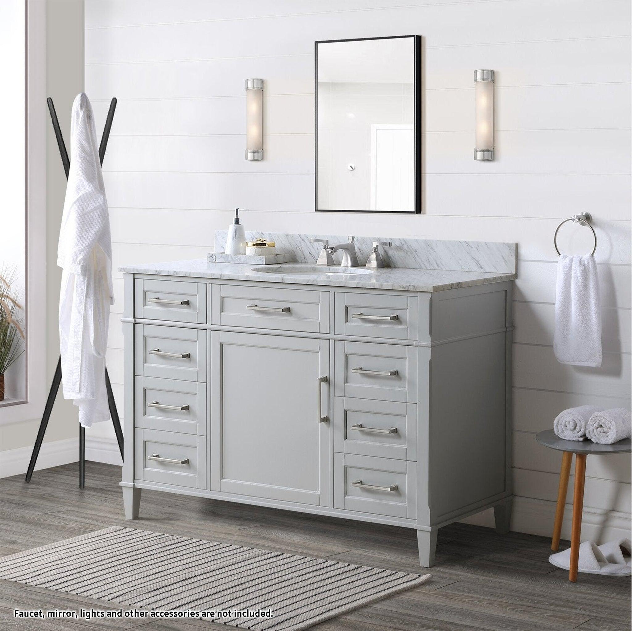 Bemma Design, Bemma Design Montauk 48" Morning Fog Gray Solid Wood Freestanding Bathroom Vanity With Single 3-Hole Italian Carra Marble Vanity Top, Oval Undermount Sink, and Backsplash