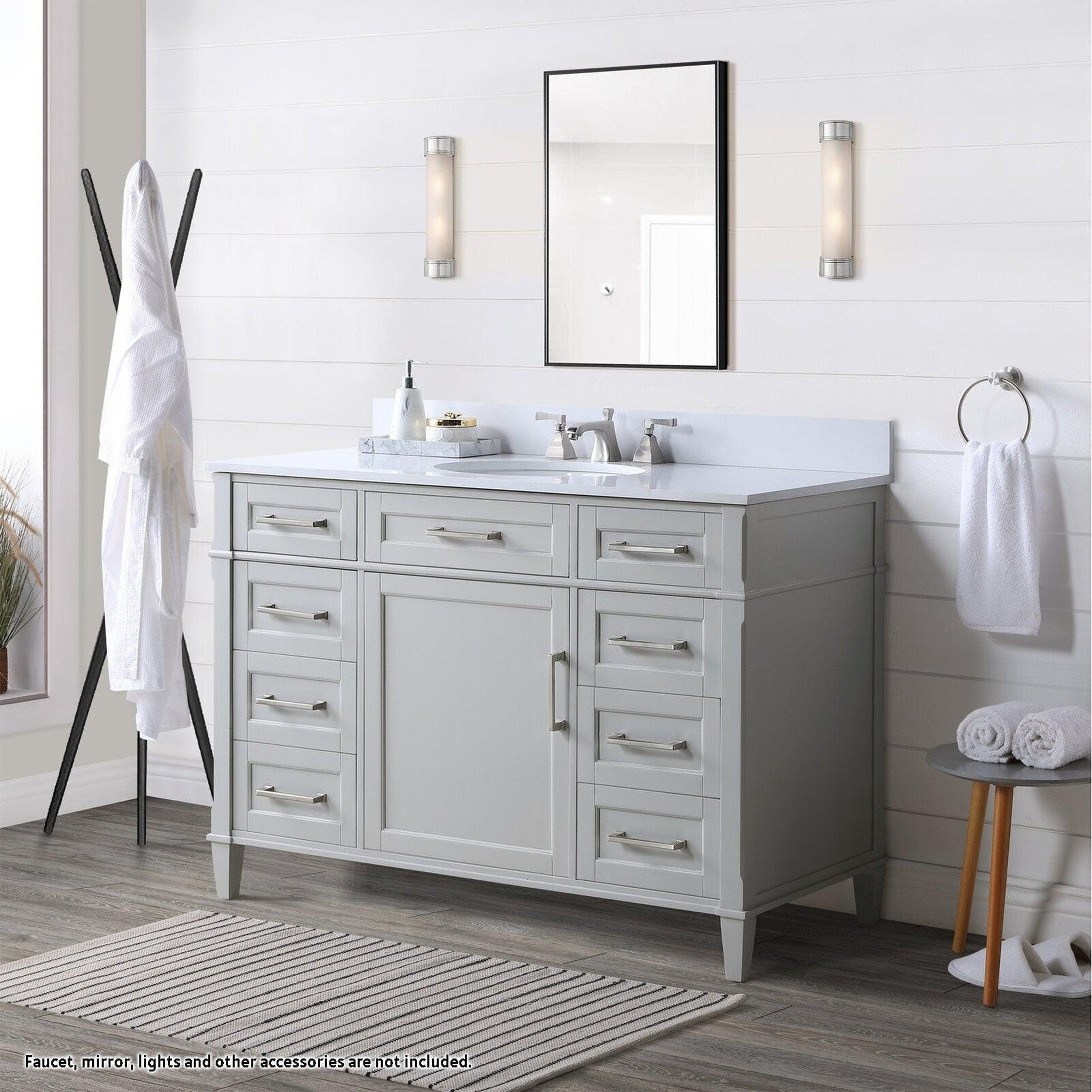 Bemma Design, Bemma Design Montauk 48" Morning Fog Gray Solid Wood Freestanding Bathroom Vanity With Single 3-Hole White Quartz Vanity Top, Oval Undermount Sink, and Backsplash