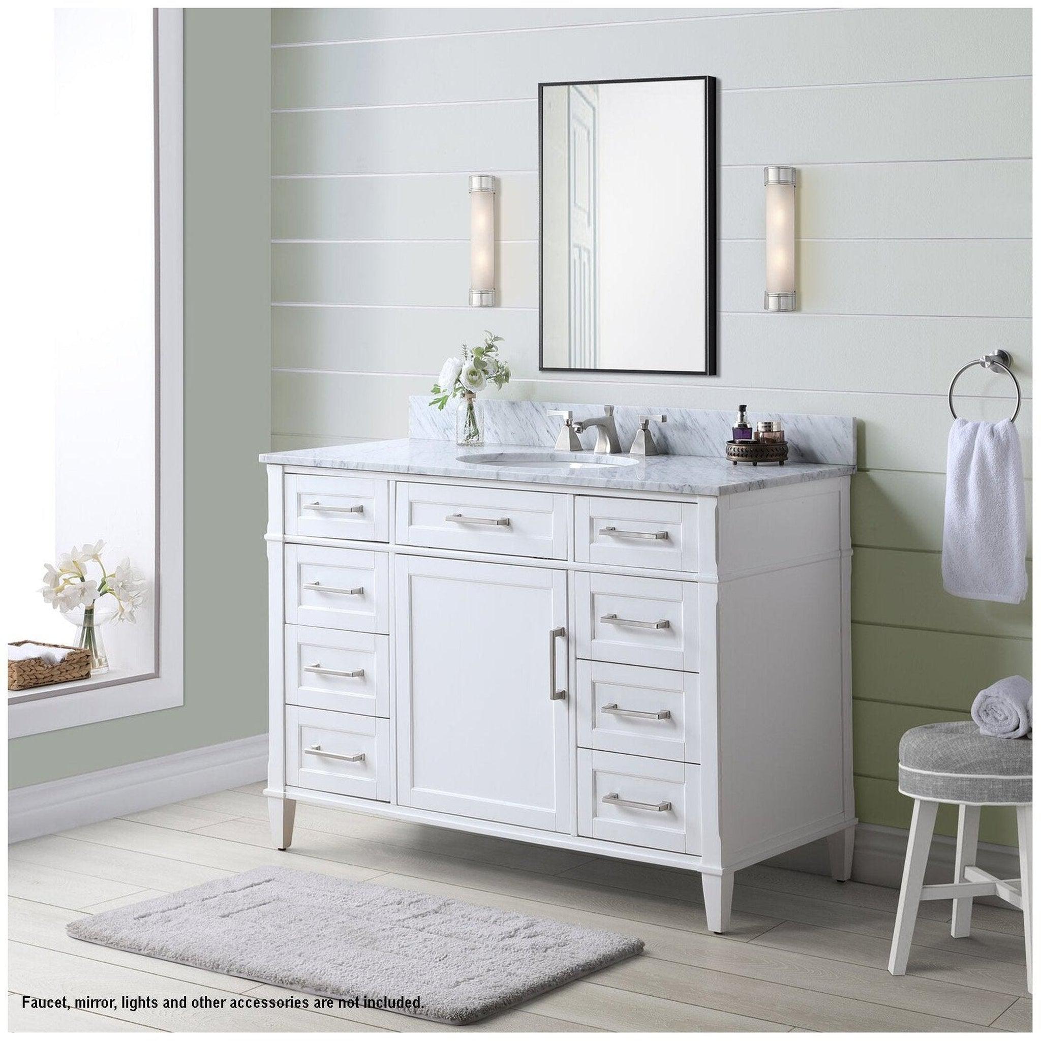 Bemma Design, Bemma Design Montauk 48" Pure White Solid Wood Freestanding Bathroom Vanity With Single 3-Hole Italian Carra Marble Vanity Top, Oval Undermount Sink, and Backsplash