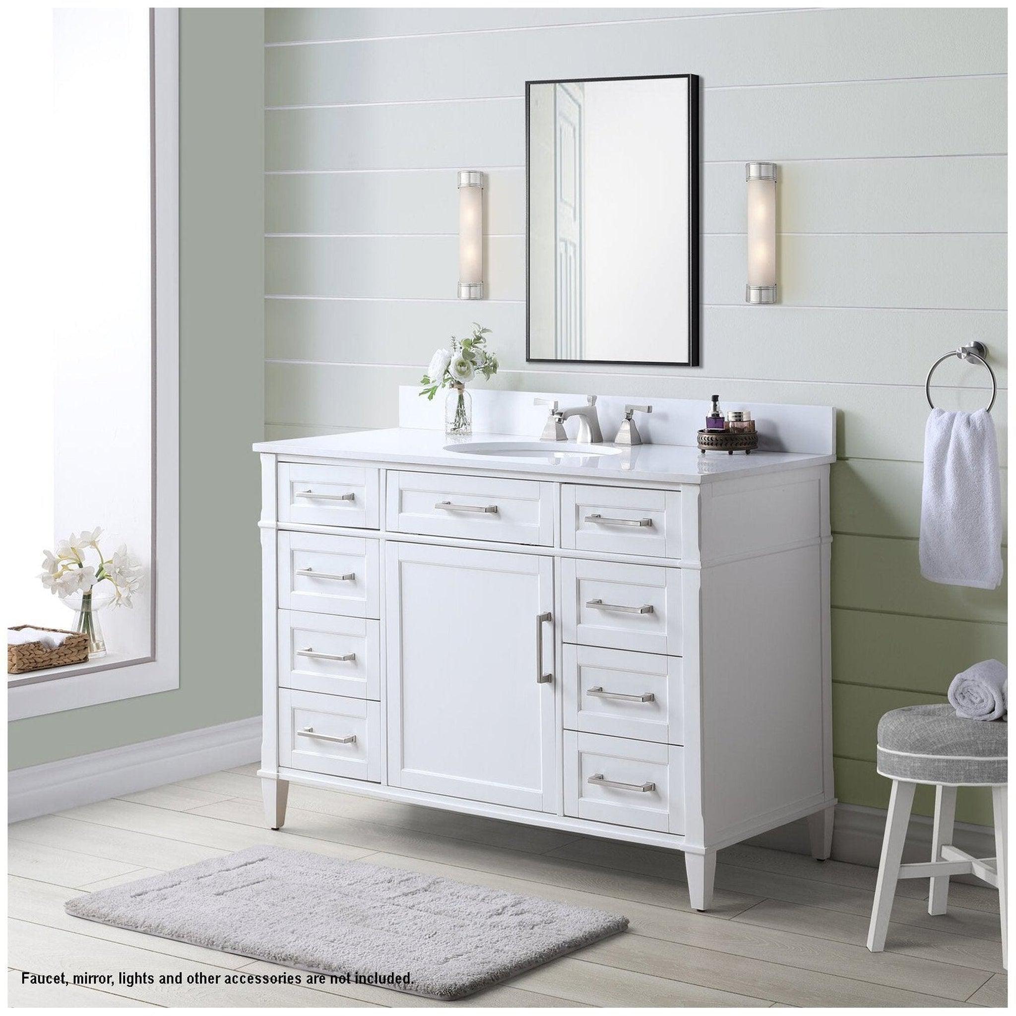 Bemma Design, Bemma Design Montauk 48" Pure White Solid Wood Freestanding Bathroom Vanity With Single 3-Hole White Quartz Vanity Top, Oval Undermount Sink, and Backsplash