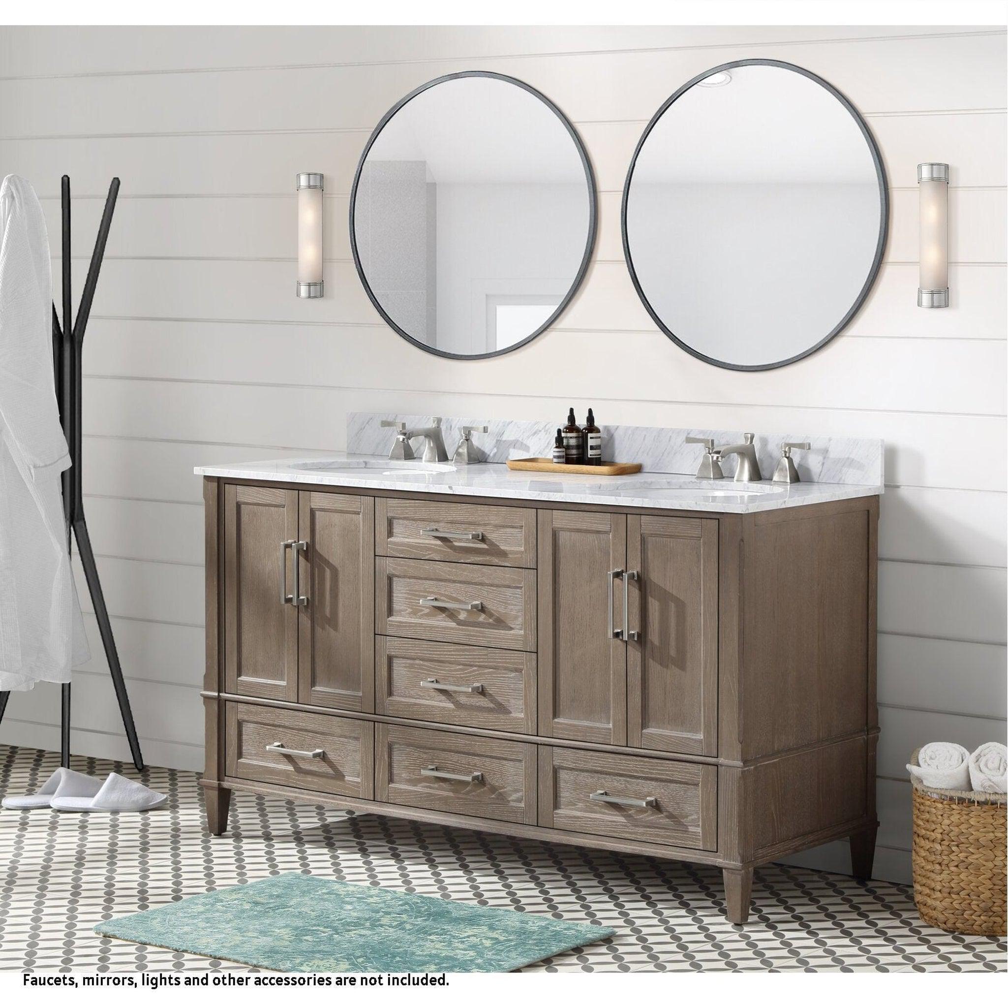 Bemma Design, Bemma Design Montauk 60" Age Light Oak Solid Wood Freestanding Bathroom Vanity With Double 3-Hole Italian Carra Marble Vanity Top, Oval Undermount Sink, and Backsplash