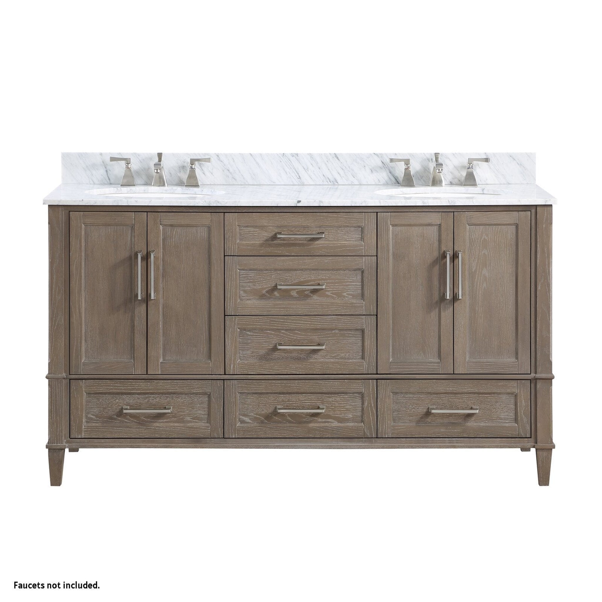 Bemma Design, Bemma Design Montauk 60" Age Light Oak Solid Wood Freestanding Bathroom Vanity With Double 3-Hole Italian Carra Marble Vanity Top, Oval Undermount Sink, and Backsplash