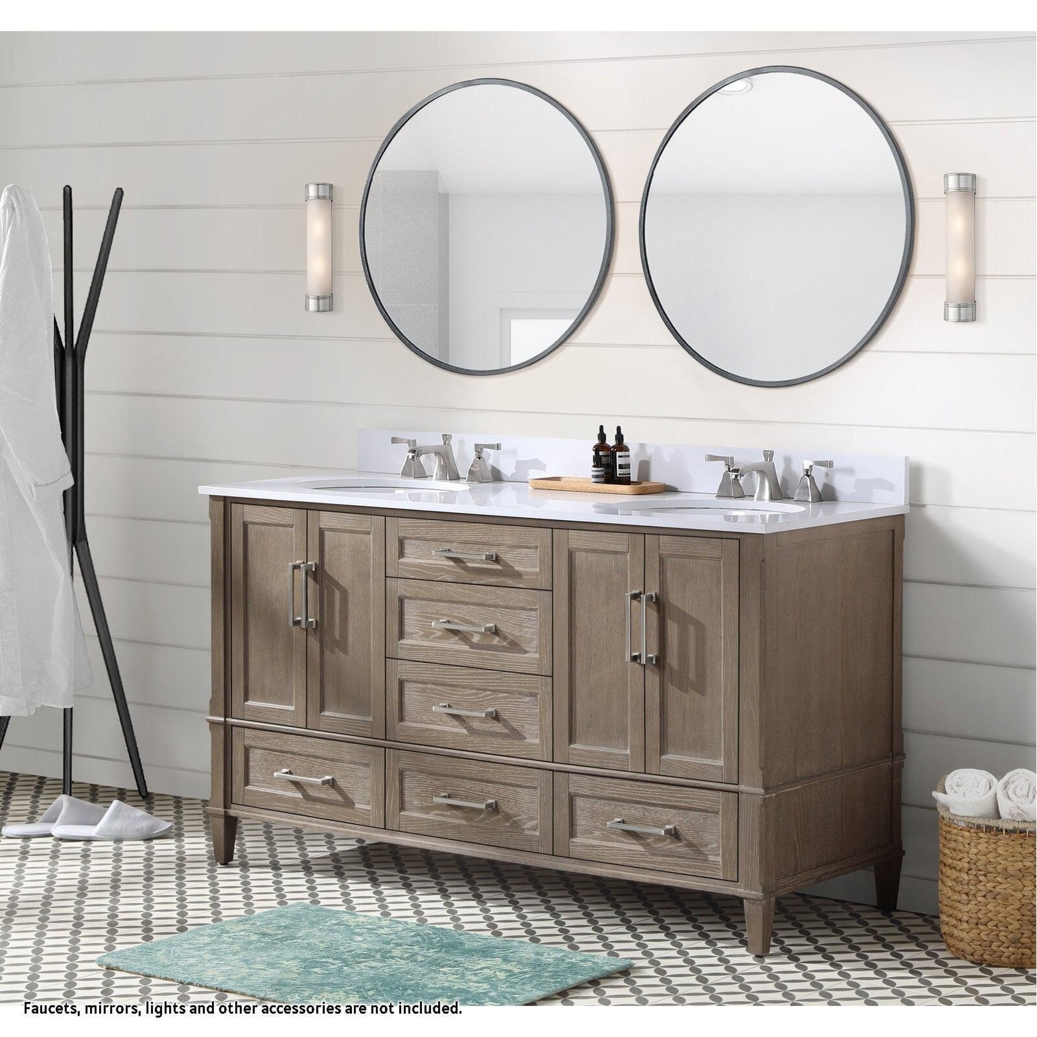 Bemma Design, Bemma Design Montauk 60" Age Light Oak Solid Wood Freestanding Bathroom Vanity With Double 3-Hole White Quartz Vanity Top, Oval Undermount Sink, and Backsplash