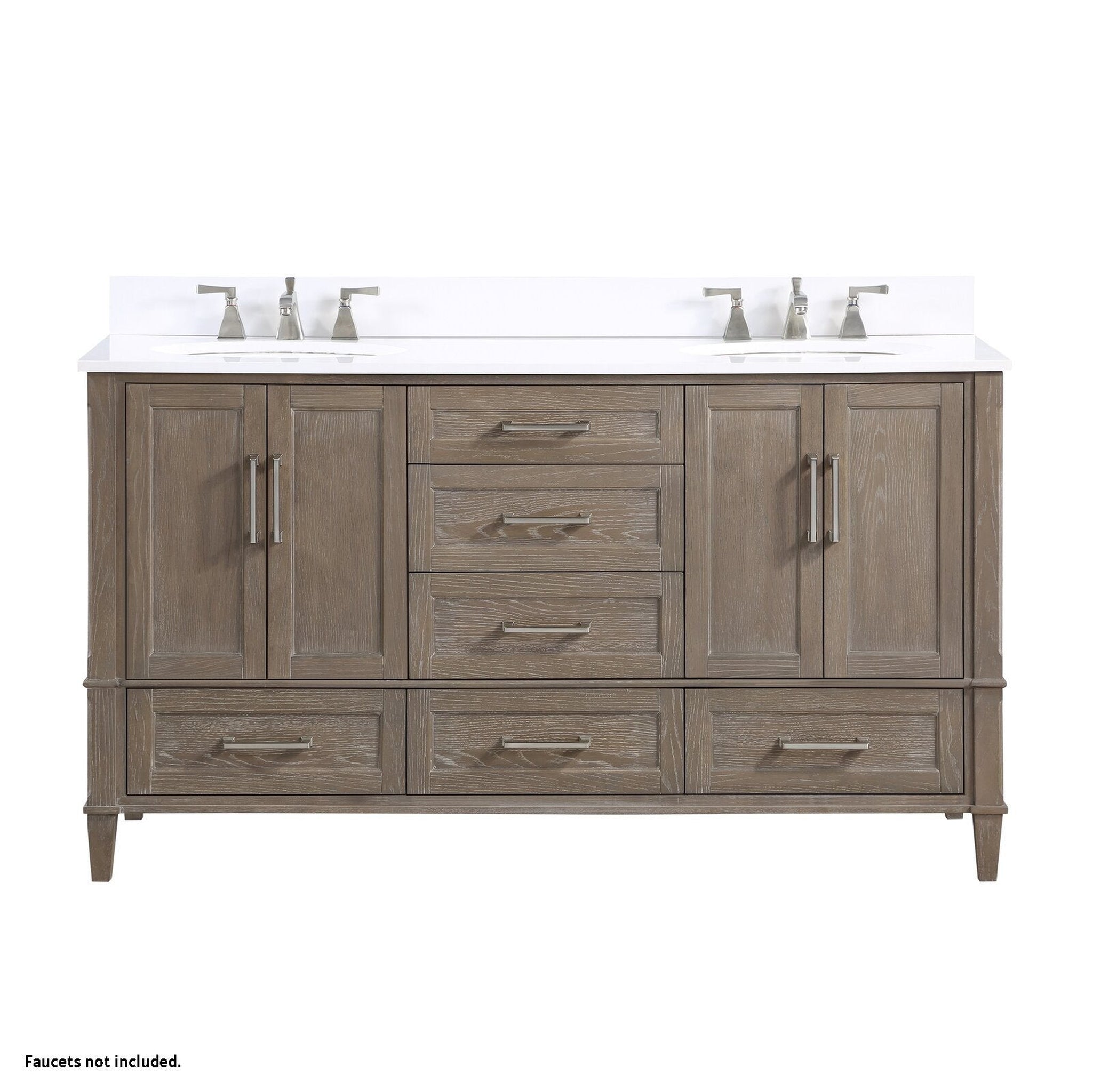 Bemma Design, Bemma Design Montauk 60" Age Light Oak Solid Wood Freestanding Bathroom Vanity With Double 3-Hole White Quartz Vanity Top, Oval Undermount Sink, and Backsplash