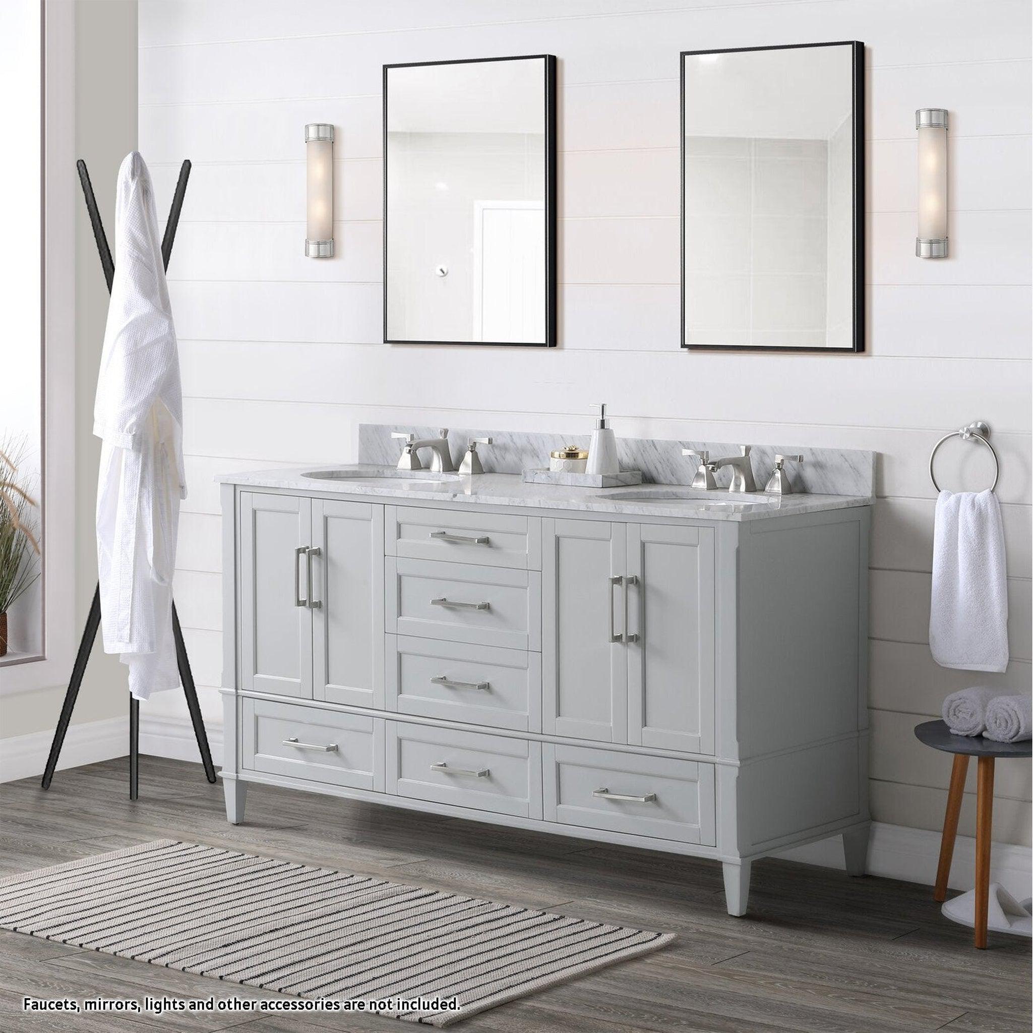 Bemma Design, Bemma Design Montauk 60" Morning Fog Gray Solid Wood Freestanding Bathroom Vanity With Double 3-Hole Italian Carra Marble Vanity Top, Oval Undermount Sink, and Backsplash