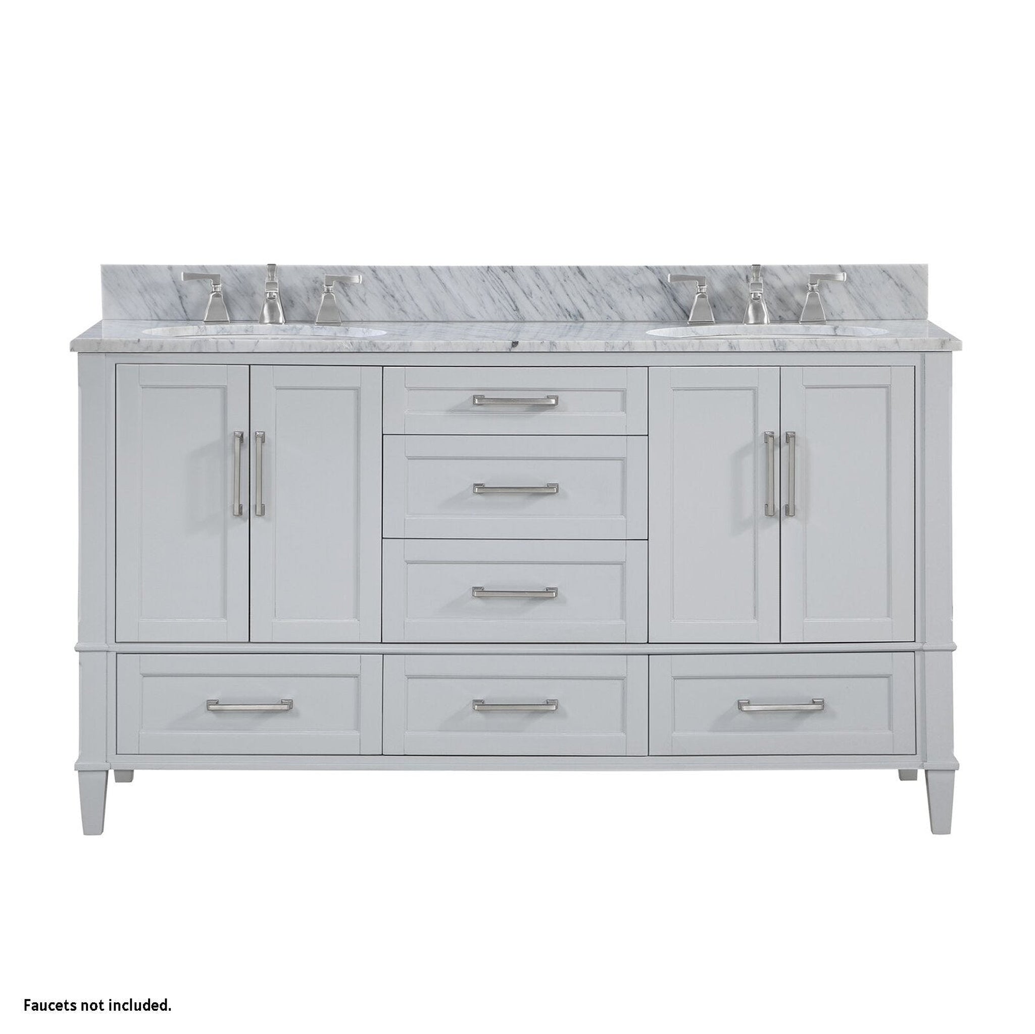 Bemma Design, Bemma Design Montauk 60" Morning Fog Gray Solid Wood Freestanding Bathroom Vanity With Double 3-Hole Italian Carra Marble Vanity Top, Oval Undermount Sink, and Backsplash