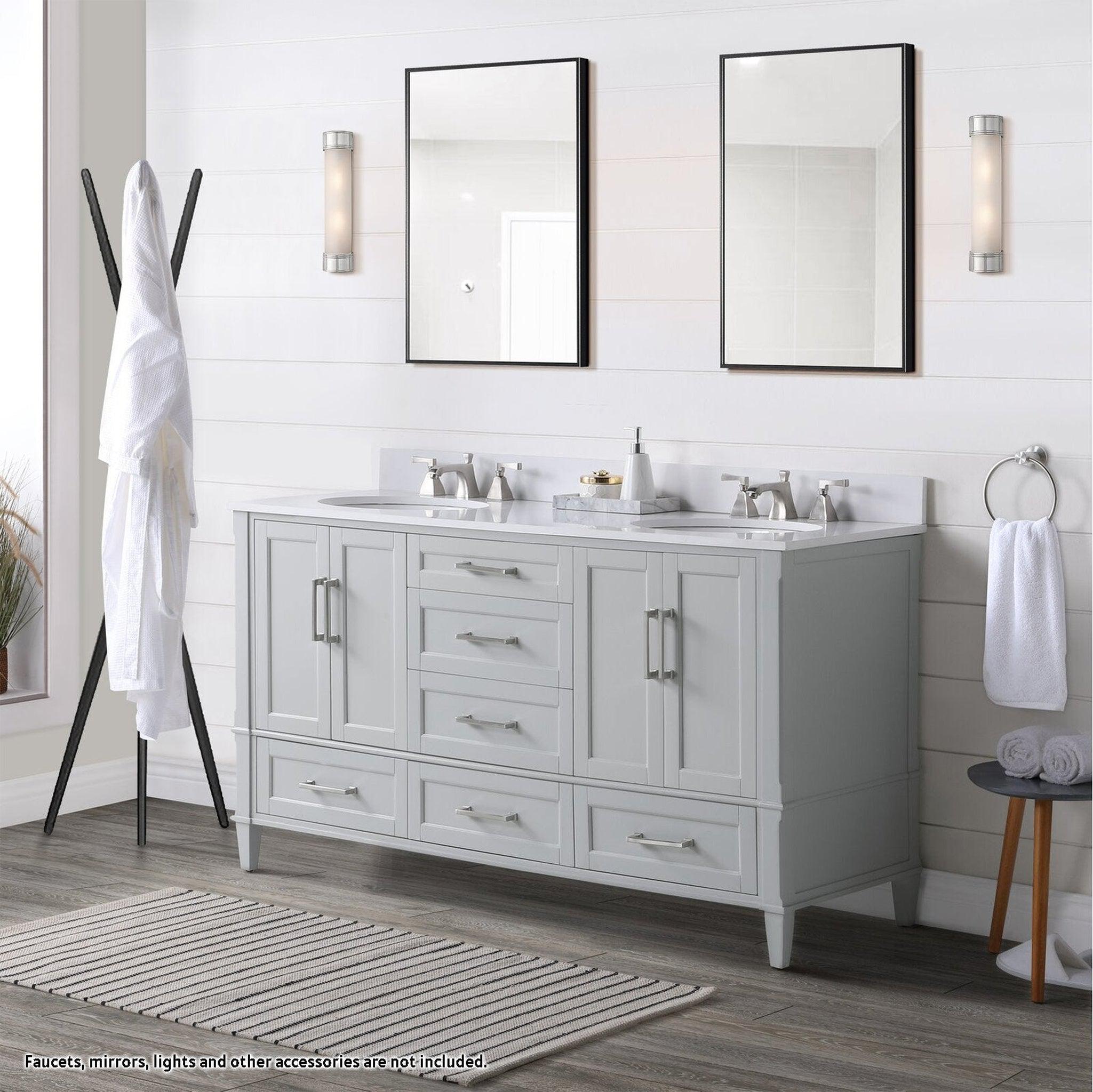 Bemma Design, Bemma Design Montauk 60" Morning Fog Gray Solid Wood Freestanding Bathroom Vanity With Double 3-Hole White Quartz Vanity Top, Oval Undermount Sink, and Backsplash