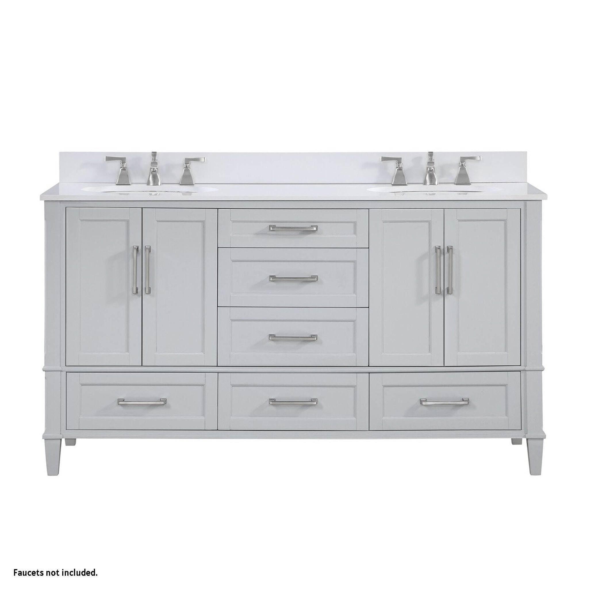 Bemma Design, Bemma Design Montauk 60" Morning Fog Gray Solid Wood Freestanding Bathroom Vanity With Double 3-Hole White Quartz Vanity Top, Oval Undermount Sink, and Backsplash