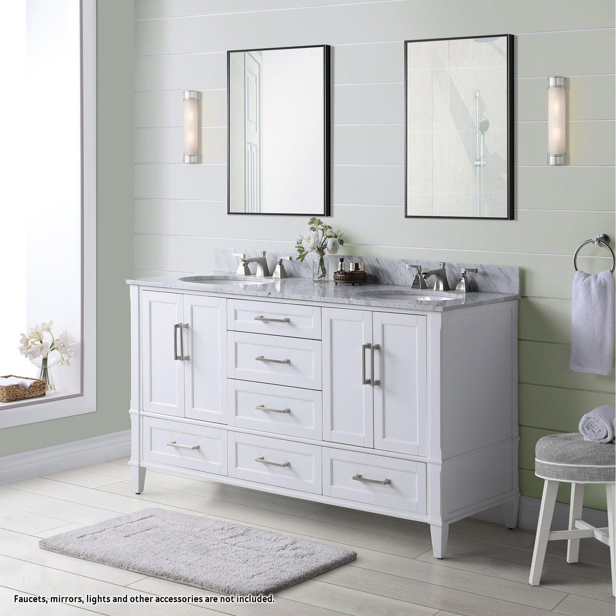 Bemma Design, Bemma Design Montauk 60" Pure White Solid Wood Freestanding Bathroom Vanity With Double 3-Hole Italian Carra Marble Vanity Top, Oval Undermount Sink, and Backsplash