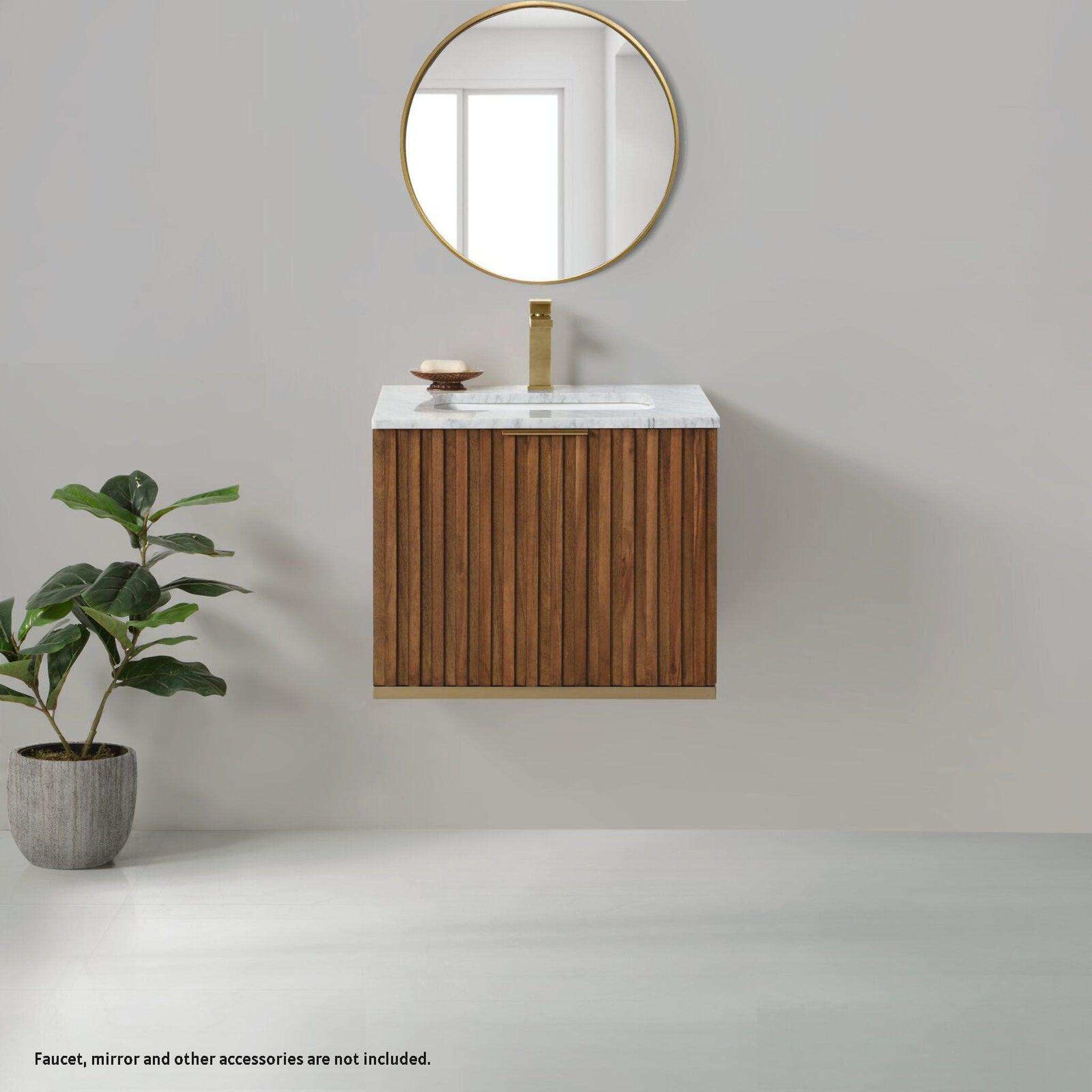 Bemma Design, Bemma Design Terra 24" Walnut Solid Wood Wall-Mounted Bathroom Vanity With Single 1-Hole Italian Carra Marble Vanity Top, Rectangle Undermount Sink and Brushed Nickel Trim