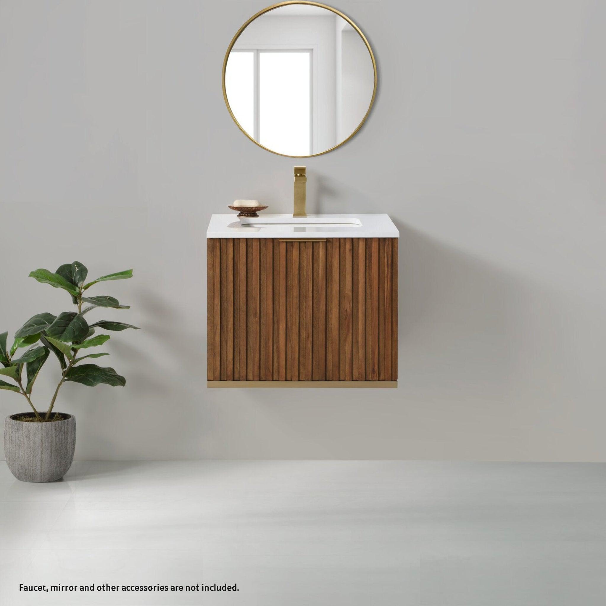 Bemma Design, Bemma Design Terra 24" Walnut Solid Wood Wall-Mounted Bathroom Vanity With Single 1-Hole White Quartz Vanity Top, Rectangle Undermount Sink and Brushed Nickel Trim