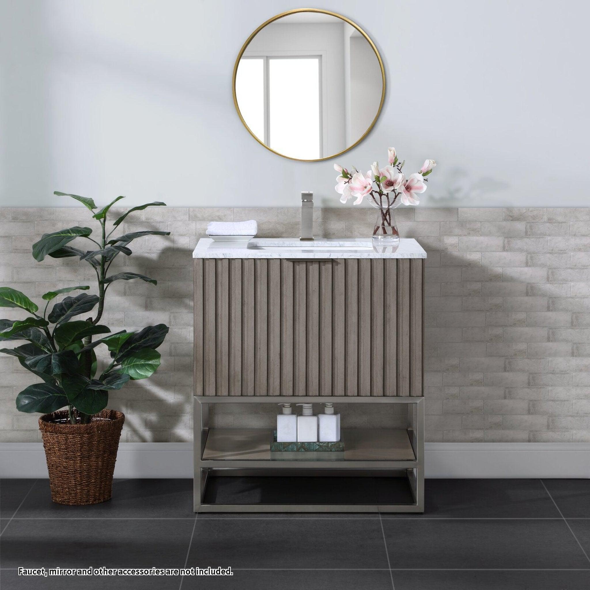 Bemma Design, Bemma Design Terra 30" Graywash Solid Wood Freestanding Bathroom Vanity With Single 1-Hole Italian Carra Marble Vanity Top, Rectangle Undermount Sink and Brushed Nickel Trim