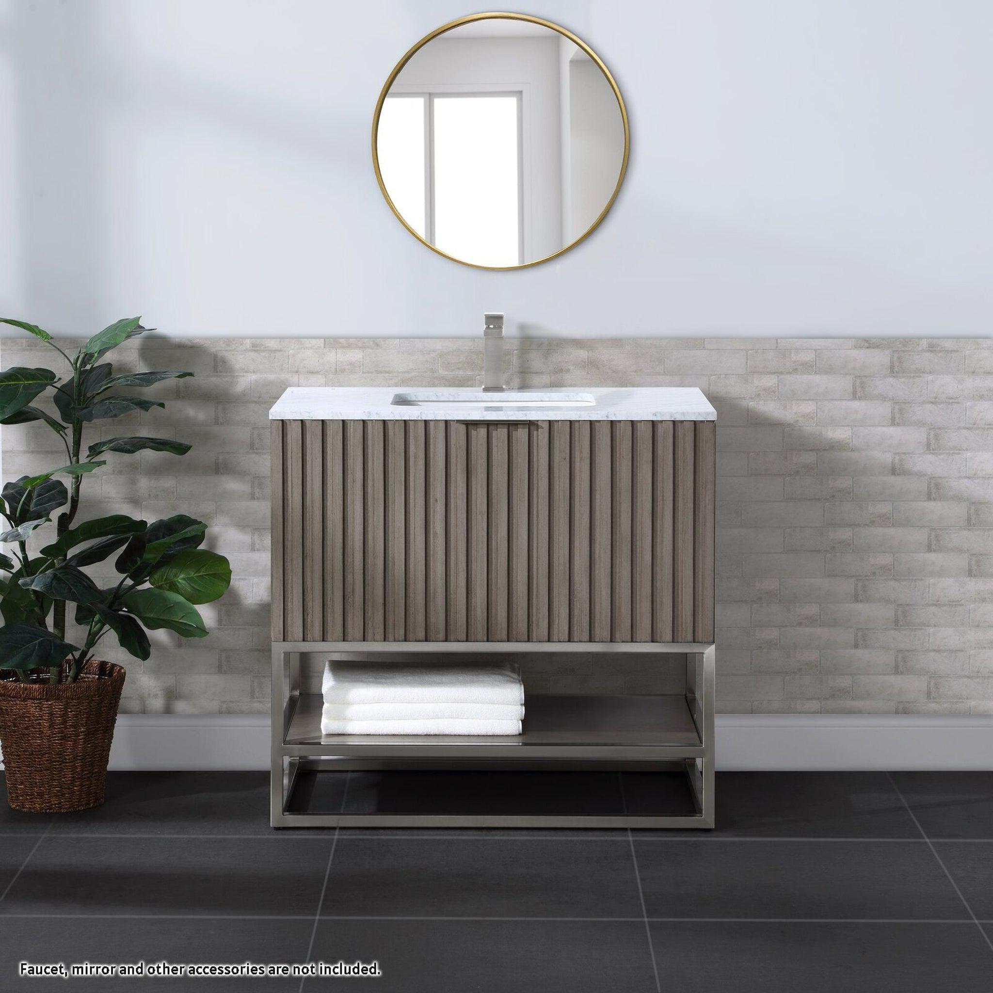 Bemma Design, Bemma Design Terra 36" Graywash Solid Wood Freestanding Bathroom Vanity With Single 1-Hole Italian Carra Marble Vanity Top, Rectangle Undermount Sink and Brushed Nickel Trim