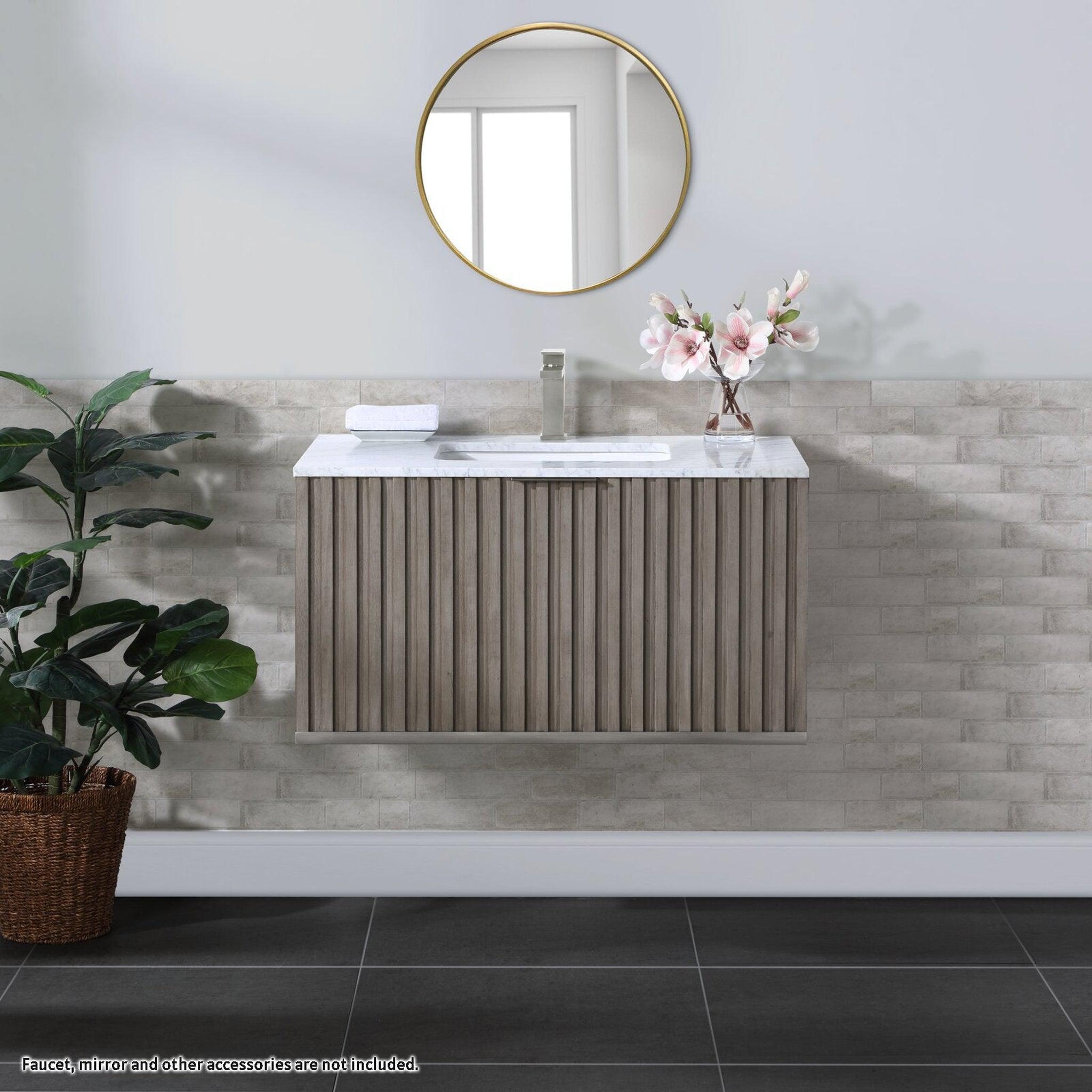 Bemma Design, Bemma Design Terra 36" Graywash Solid Wood Wall-Mounted Bathroom Vanity With Single 1-Hole Italian Carra Marble Vanity Top, Rectangle Undermount Sink and Brushed Nickel Trim