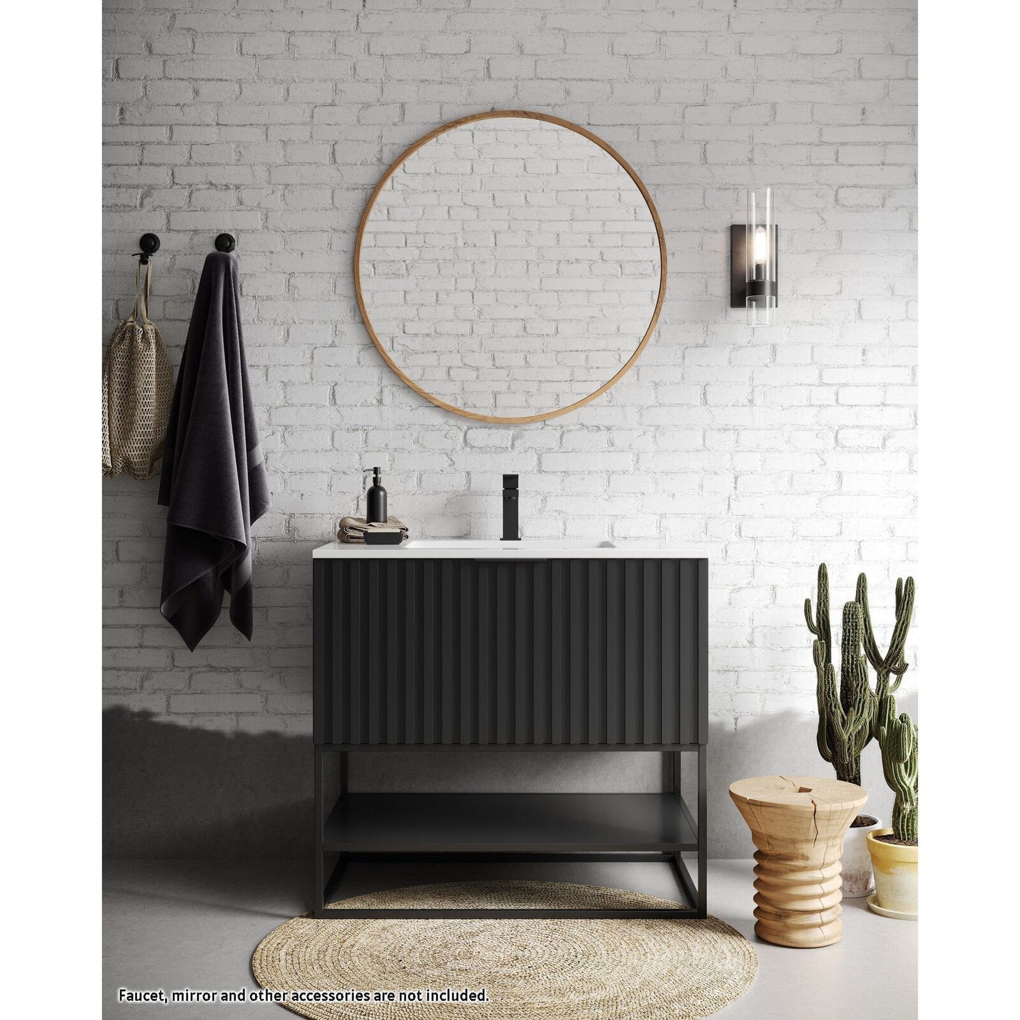 Bemma Design, Bemma Design Terra 36" Midnight Black Solid Wood Freestanding Bathroom Vanity With Single 1-Hole White Quartz Vanity Top, Rectangle Undermount Sink and Matte Black Trim