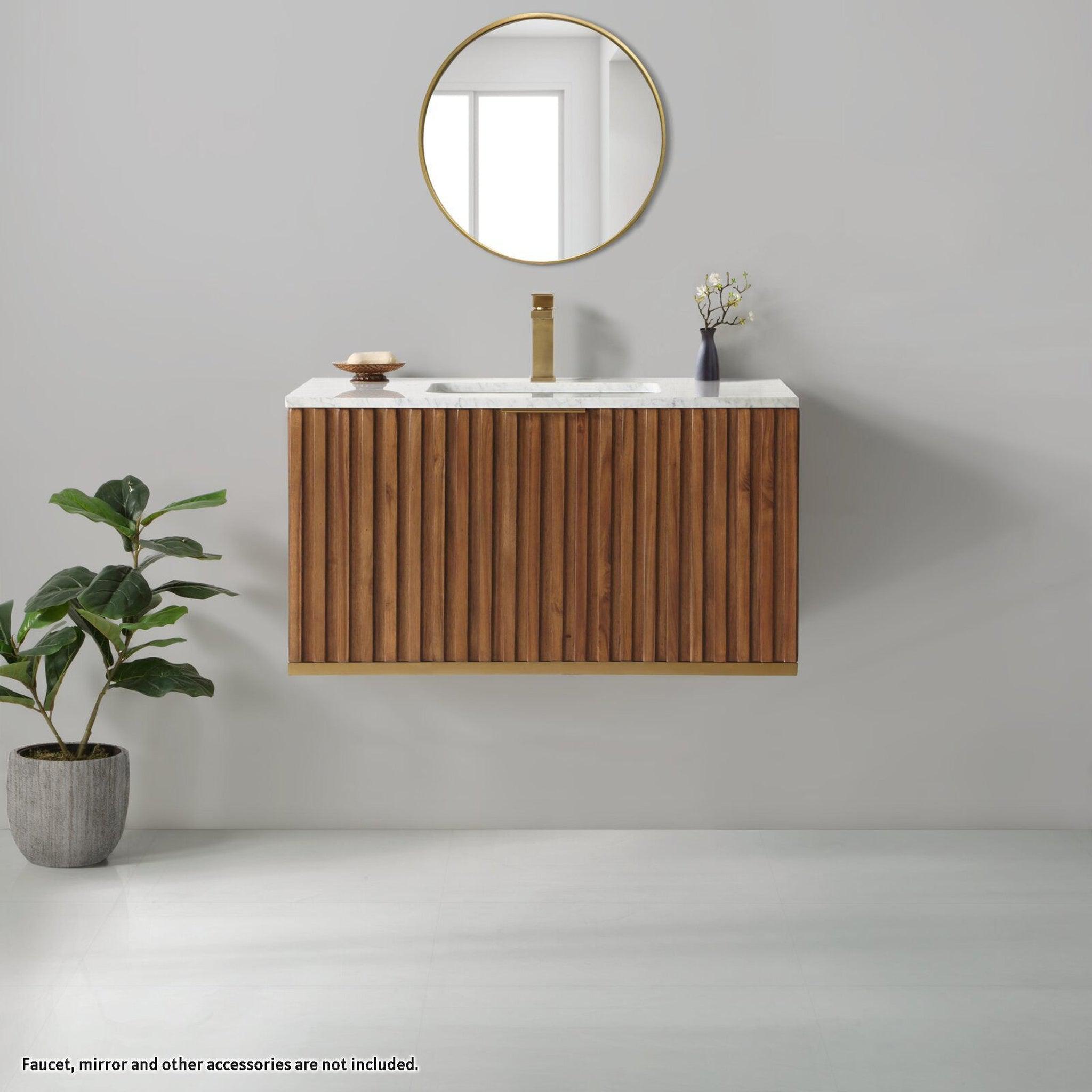 Bemma Design, Bemma Design Terra 36" Walnut Solid Wood Wall-Mounted Bathroom Vanity With Single 1-Hole Italian Carra Marble Vanity Top, Rectangle Undermount Sink and Satin Brass Trim