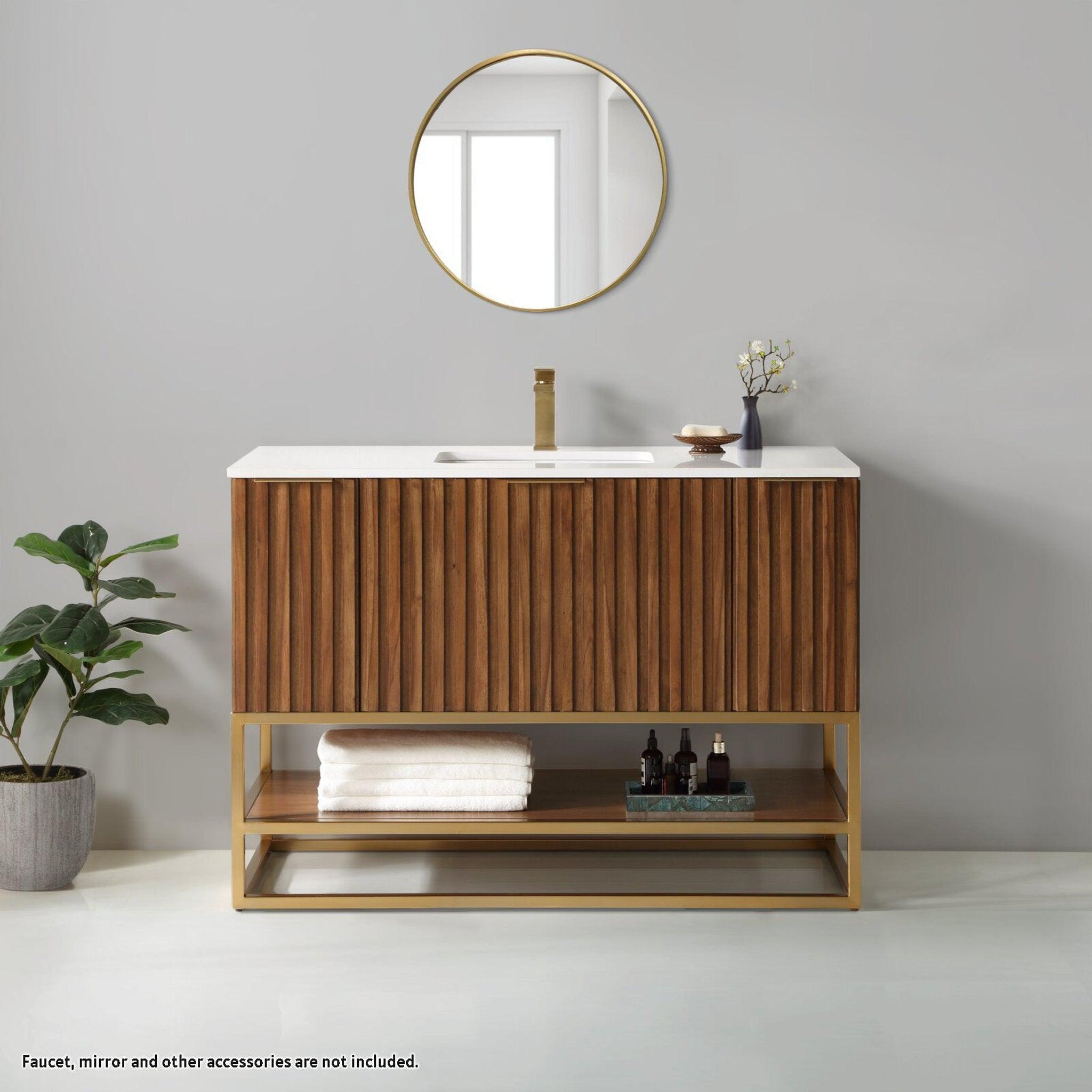 Bemma Design, Bemma Design Terra 48" Walnut Solid Wood Freestanding Bathroom Vanity With Single 1-Hole White Quartz Vanity Top, Rectangle Undermount Sink and Satin Brass Trim