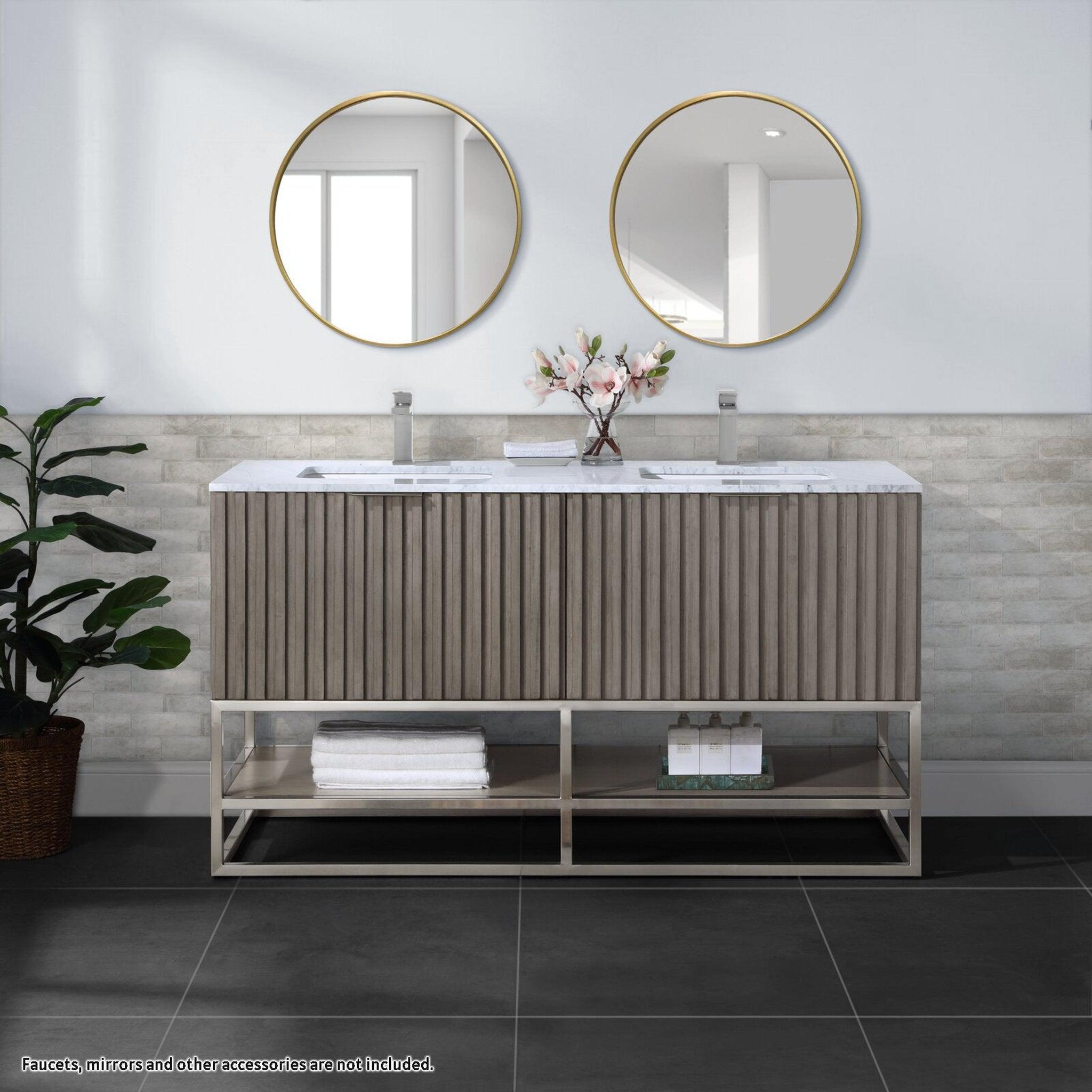 Bemma Design, Bemma Design Terra 60" Graywash Solid Wood Freestanding Bathroom Vanity With Double 1-Hole Italian Carra Marble Vanity Top, Rectangle Undermount Sink and Brushed Nickel Trim