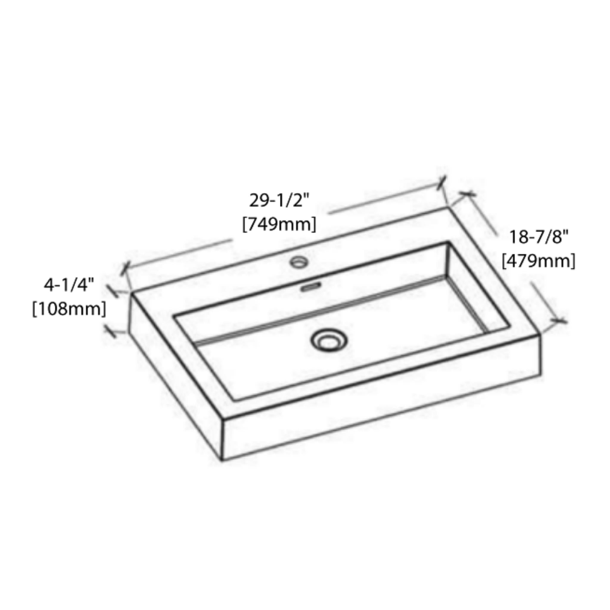 Blossom, Blossom Barcelona 30" x 19" White Rectangular Acrylic Vanity Top With Integrated Single Sink And Overflow