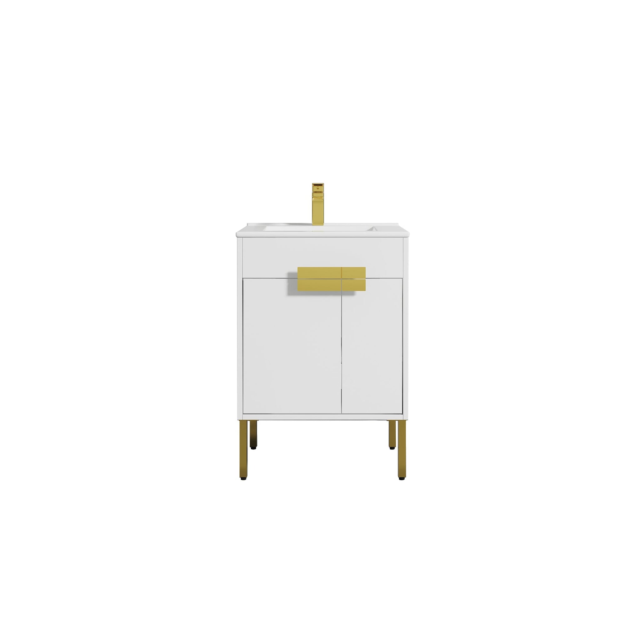 Blossom, Blossom Bari 24" 2-Door White Freestanding Single Vanity Base With Adjustable Shelf, Brushed Gold Handles & Legs