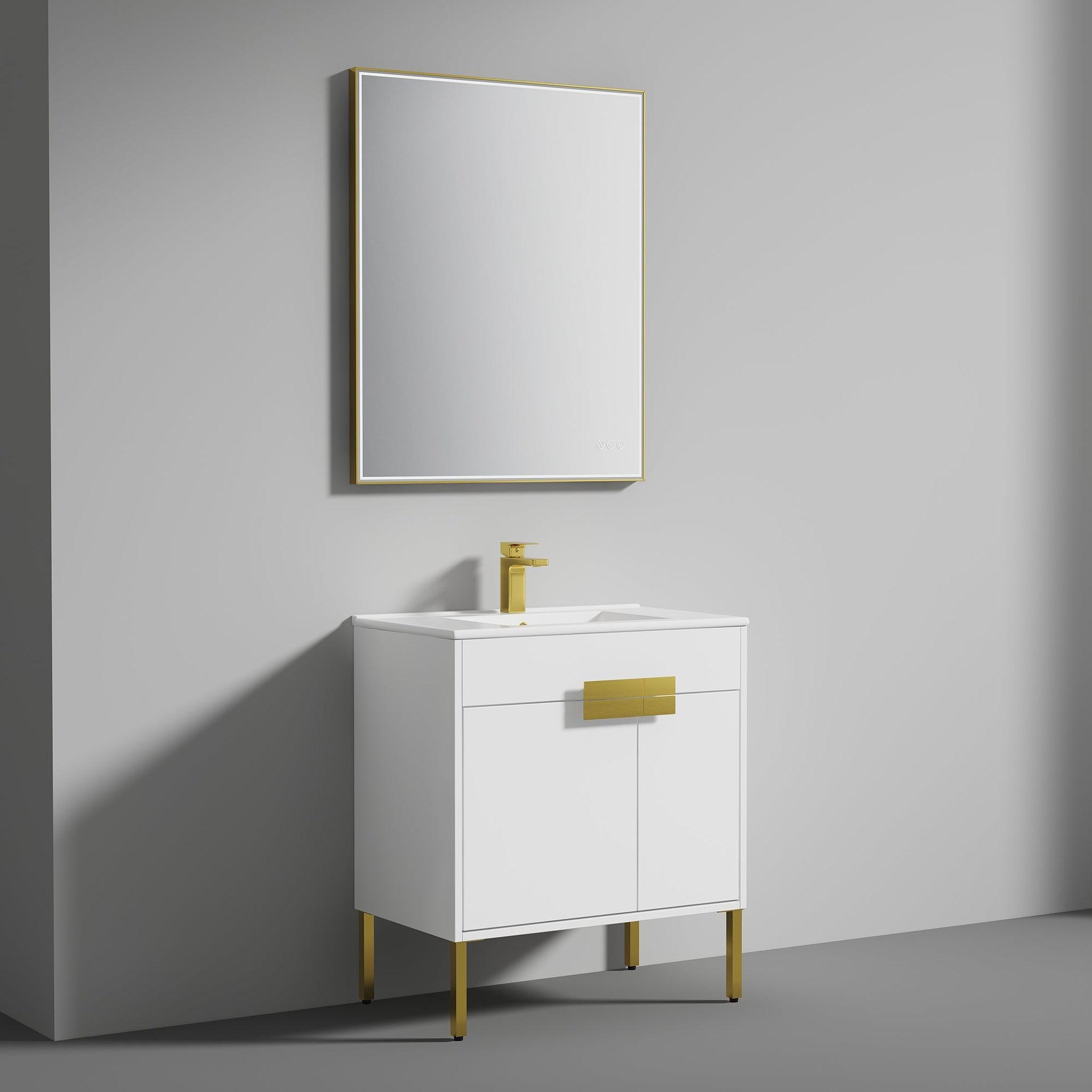 Blossom, Blossom Bari 30" 2-Door White Freestanding Single Vanity Base With Adjustable Shelf, Brushed Gold Handles & Legs