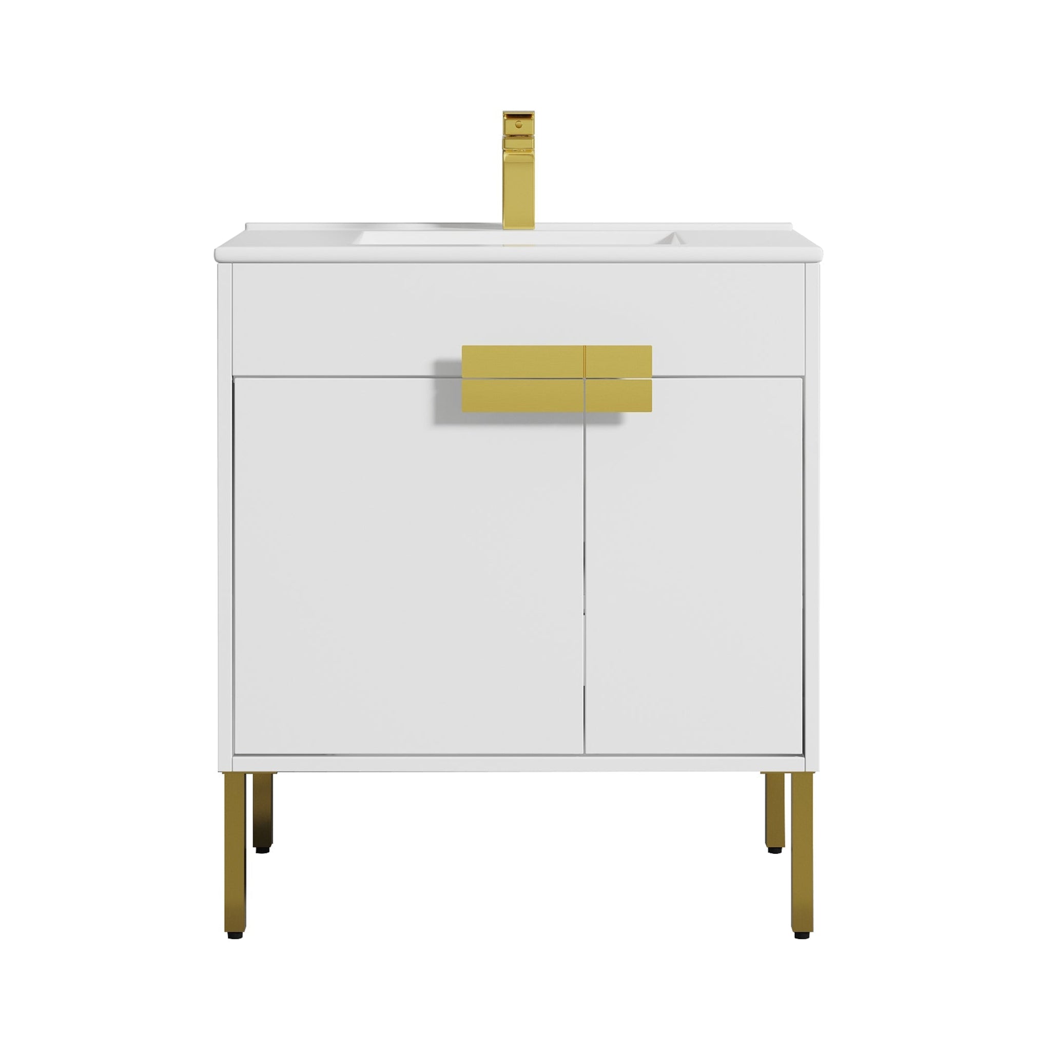 Blossom, Blossom Bari 30" 2-Door White Freestanding Single Vanity Base With Adjustable Shelf, Brushed Gold Handles & Legs