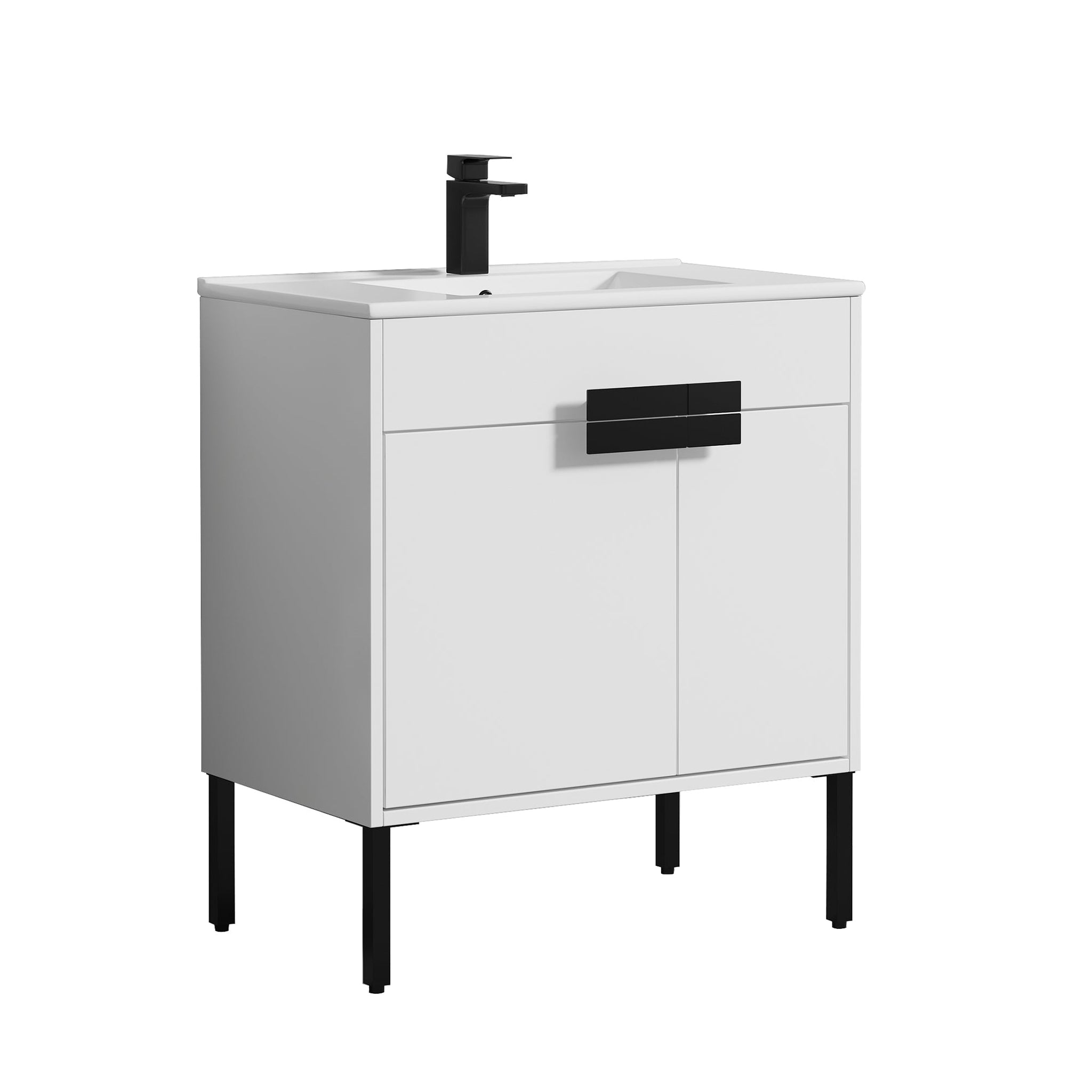 Blossom, Blossom Bari 30" 2-Door White Freestanding Single Vanity Base With Adjustable Shelf, Matte Black Handles & Legs