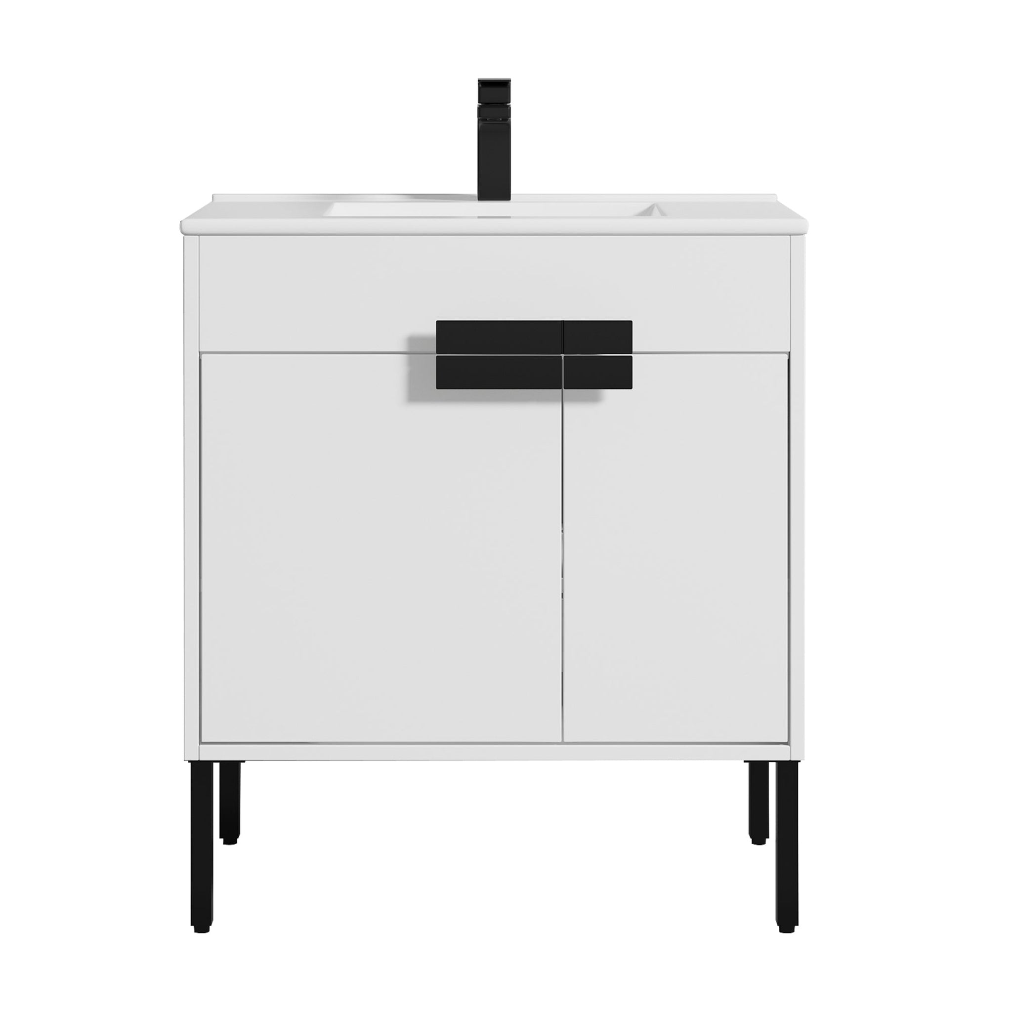 Blossom, Blossom Bari 30" 2-Door White Freestanding Single Vanity Base With Adjustable Shelf, Matte Black Handles & Legs