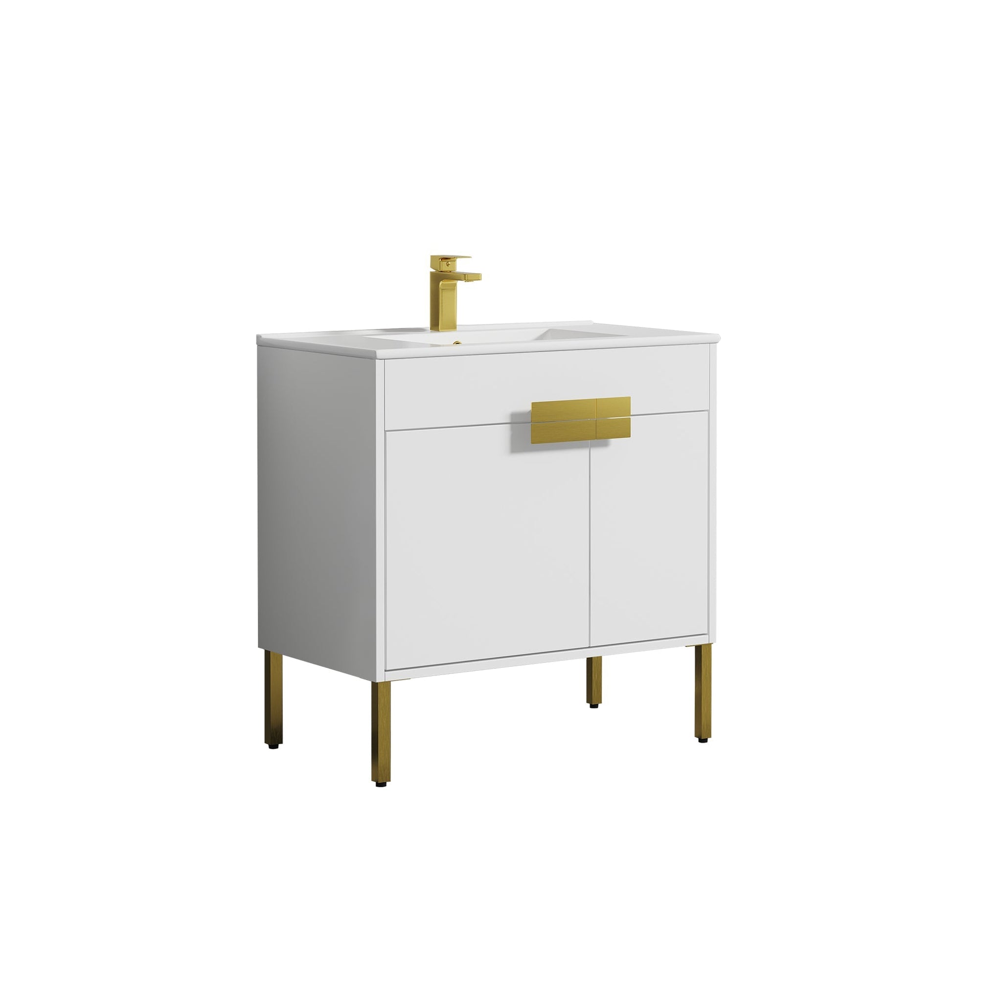 Blossom, Blossom Bari 36" 2-Door White Freestanding Single Vanity Base With Adjustable Shelf, Brushed Gold Handles & Legs