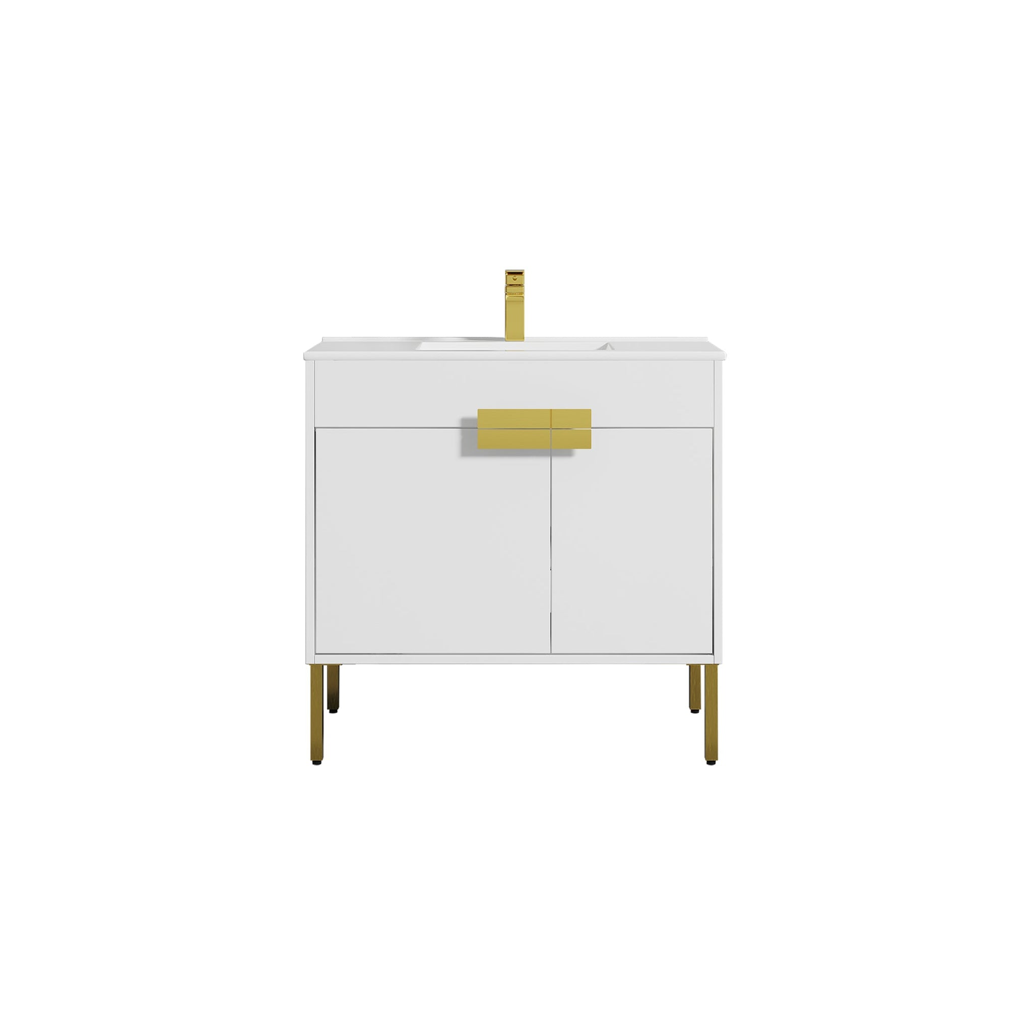 Blossom, Blossom Bari 36" 2-Door White Freestanding Single Vanity Base With Adjustable Shelf, Brushed Gold Handles & Legs