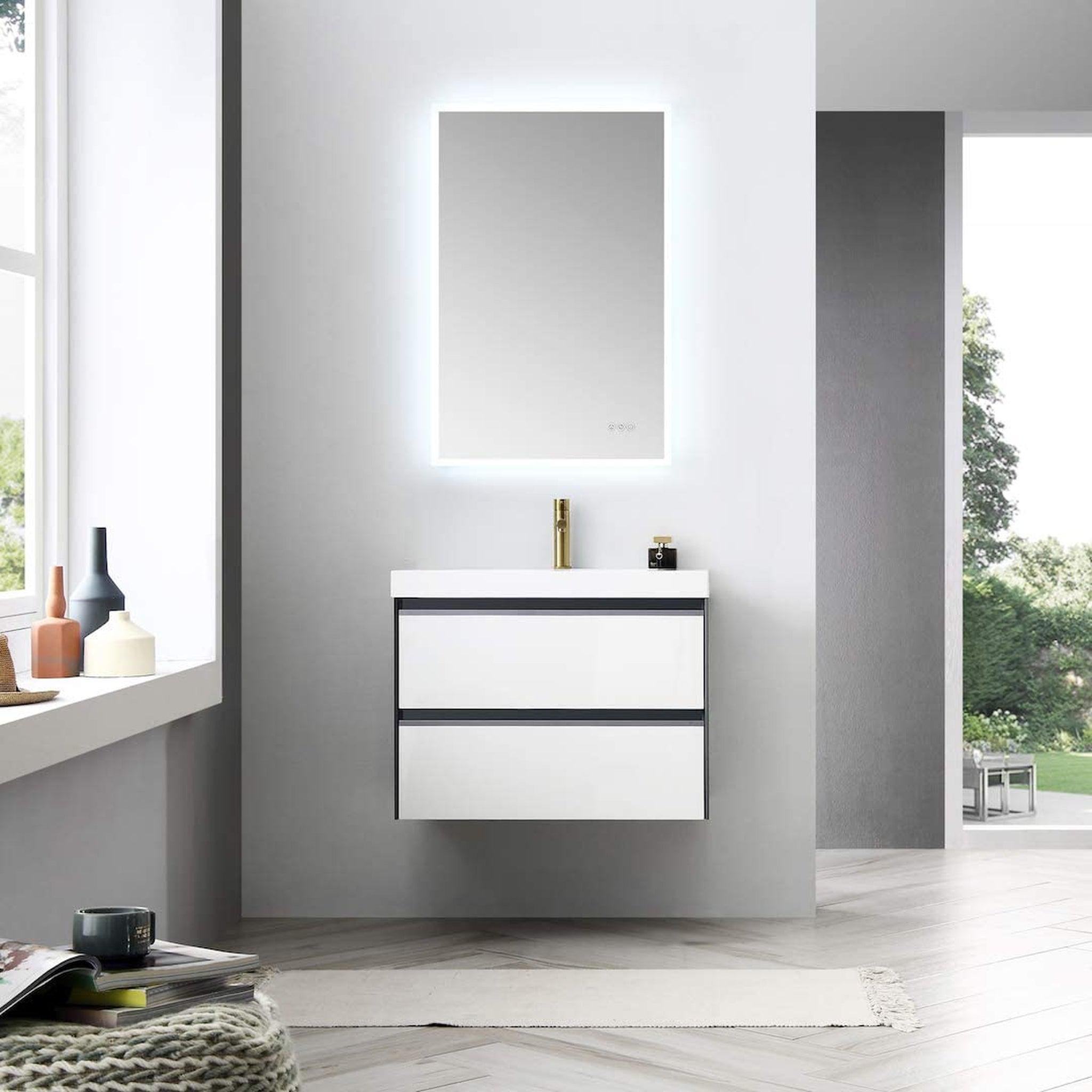 Blossom, Blossom Berlin 30" 2-Drawer Glossy White & Glossy Grey Wall-Mounted Vanity Set With Acrylic Top And Integrated Single Sink