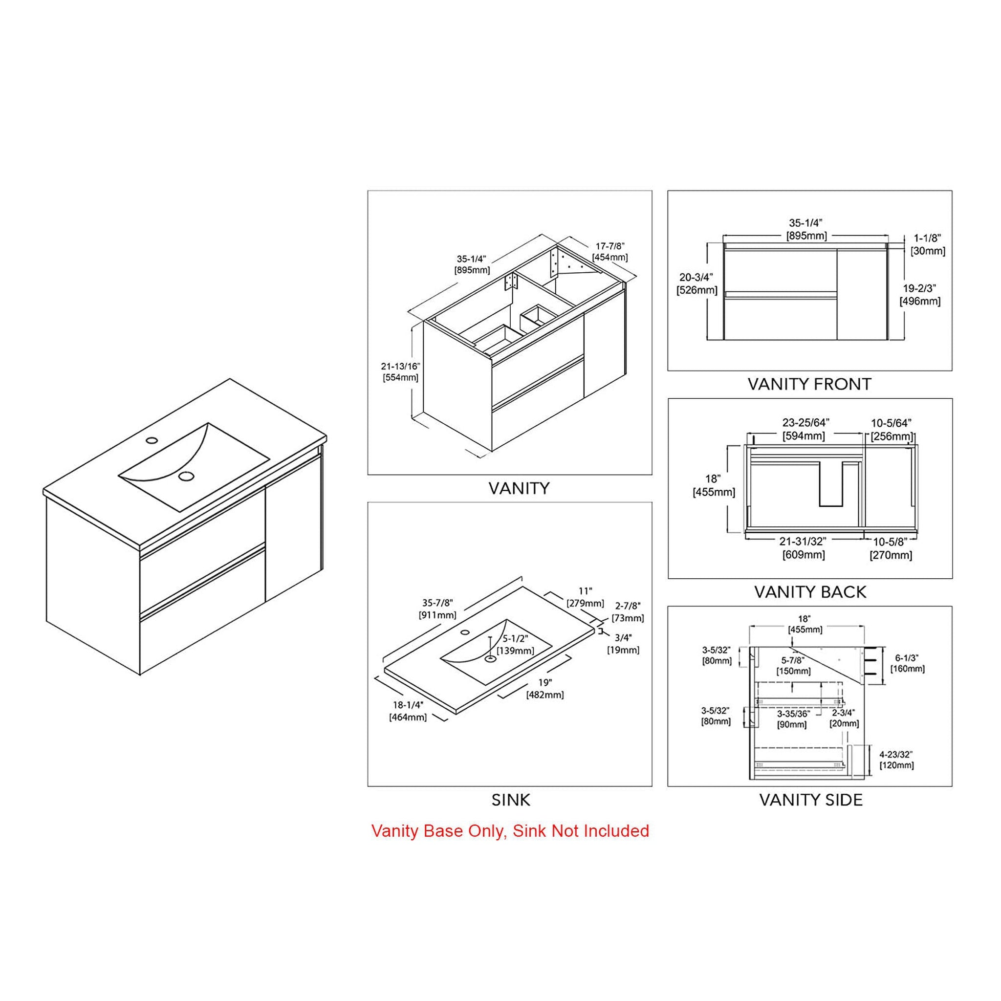 Blossom, Blossom Berlin 36" 1-Door 2-Drawer Glossy White & Glossy Grey Wall-Mounted Vanity Base