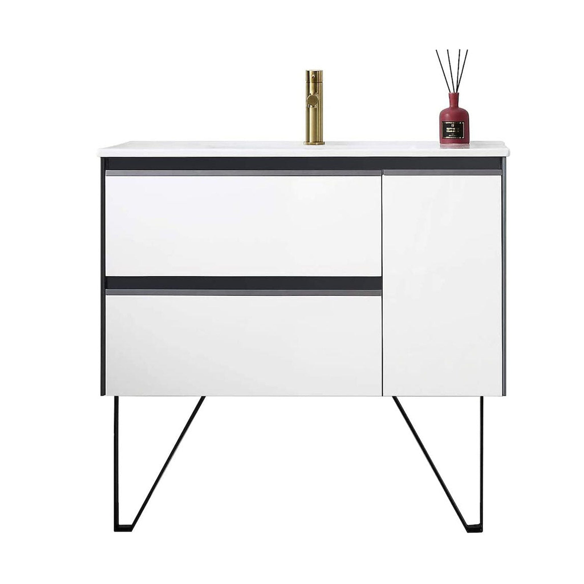 Blossom, Blossom Berlin 36" 1-Door 2-Drawer Glossy White & Glossy Grey Wall-Mounted Vanity Base