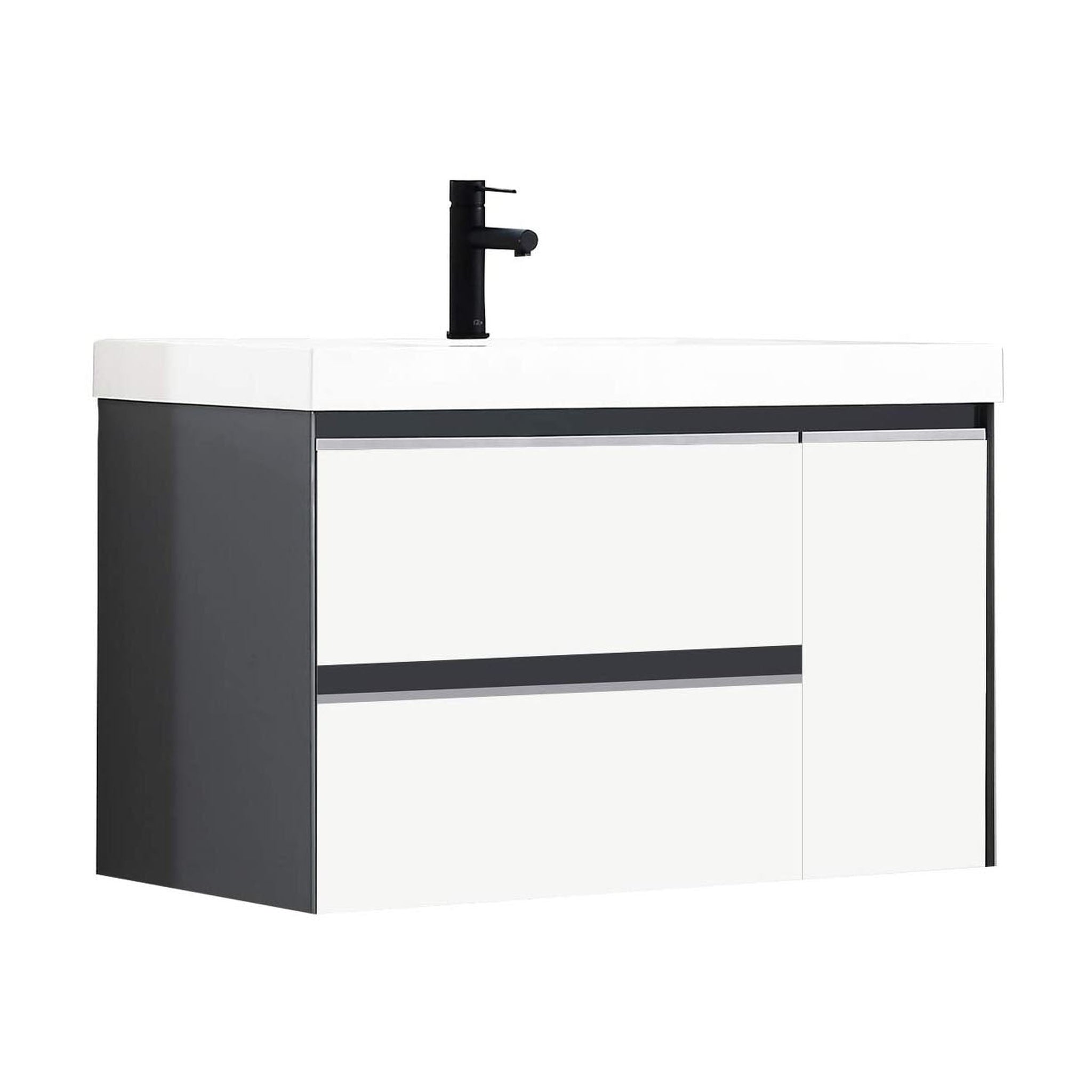 Blossom, Blossom Berlin 36" 1-Door 2-Drawer Glossy White & Glossy Grey Wall-Mounted Vanity Set With Acrylic Top And Integrated Single Sink