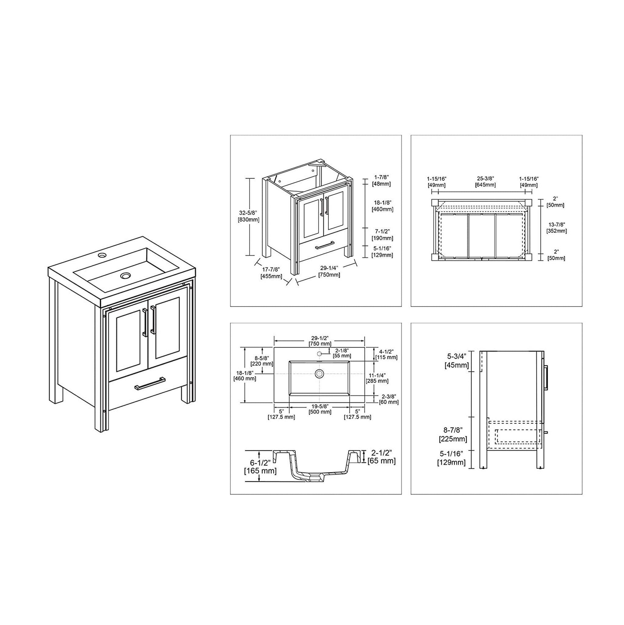 Blossom, Blossom Birmingham 30" 2-Door 1-Drawer Matte Gray Freestanding Vanity Set With Acrylic Top And Integrated Sink