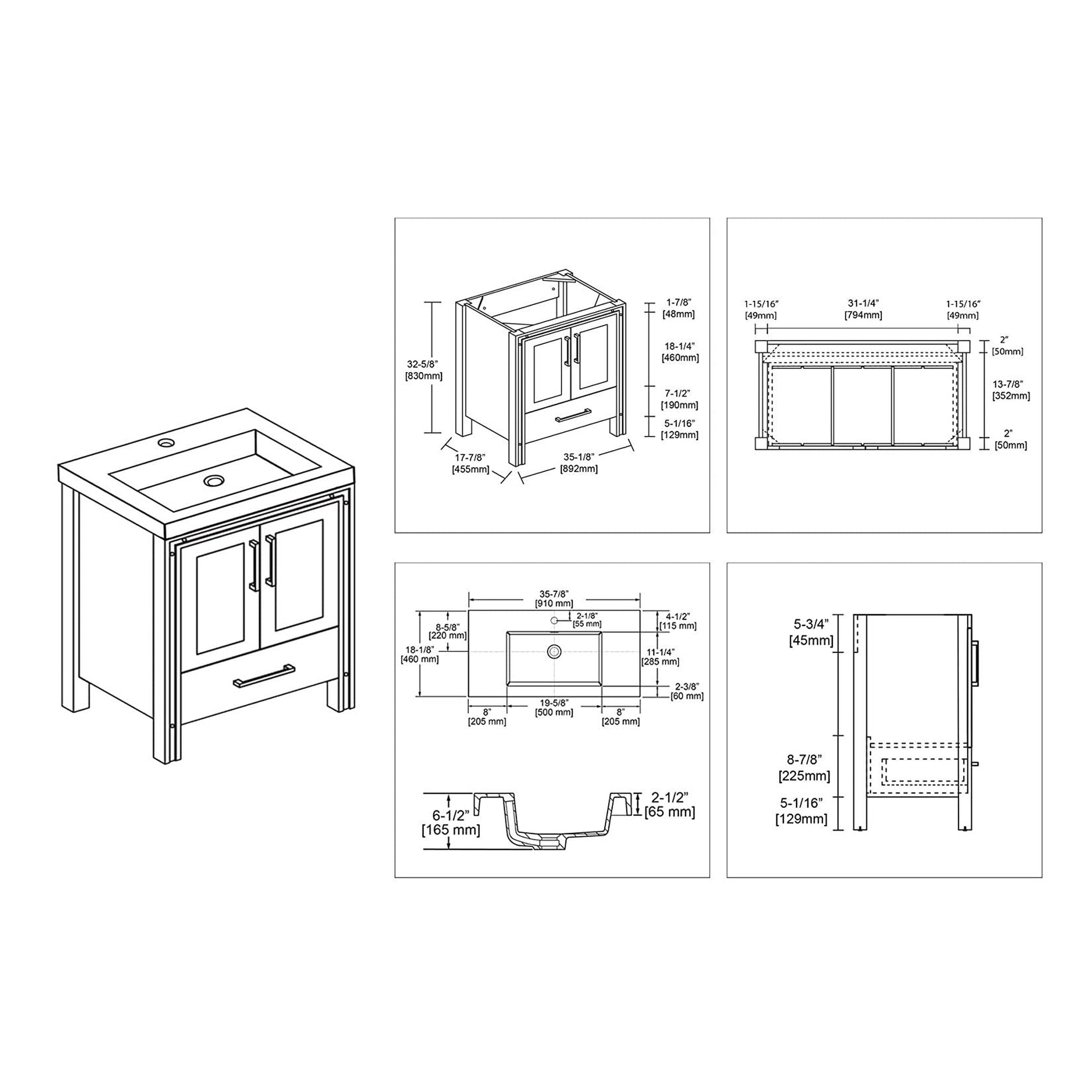 Blossom, Blossom Birmingham 36" 2-Door 1-Drawer Glossy White Freestanding Vanity Set With Acrylic Top And Integrated Sink