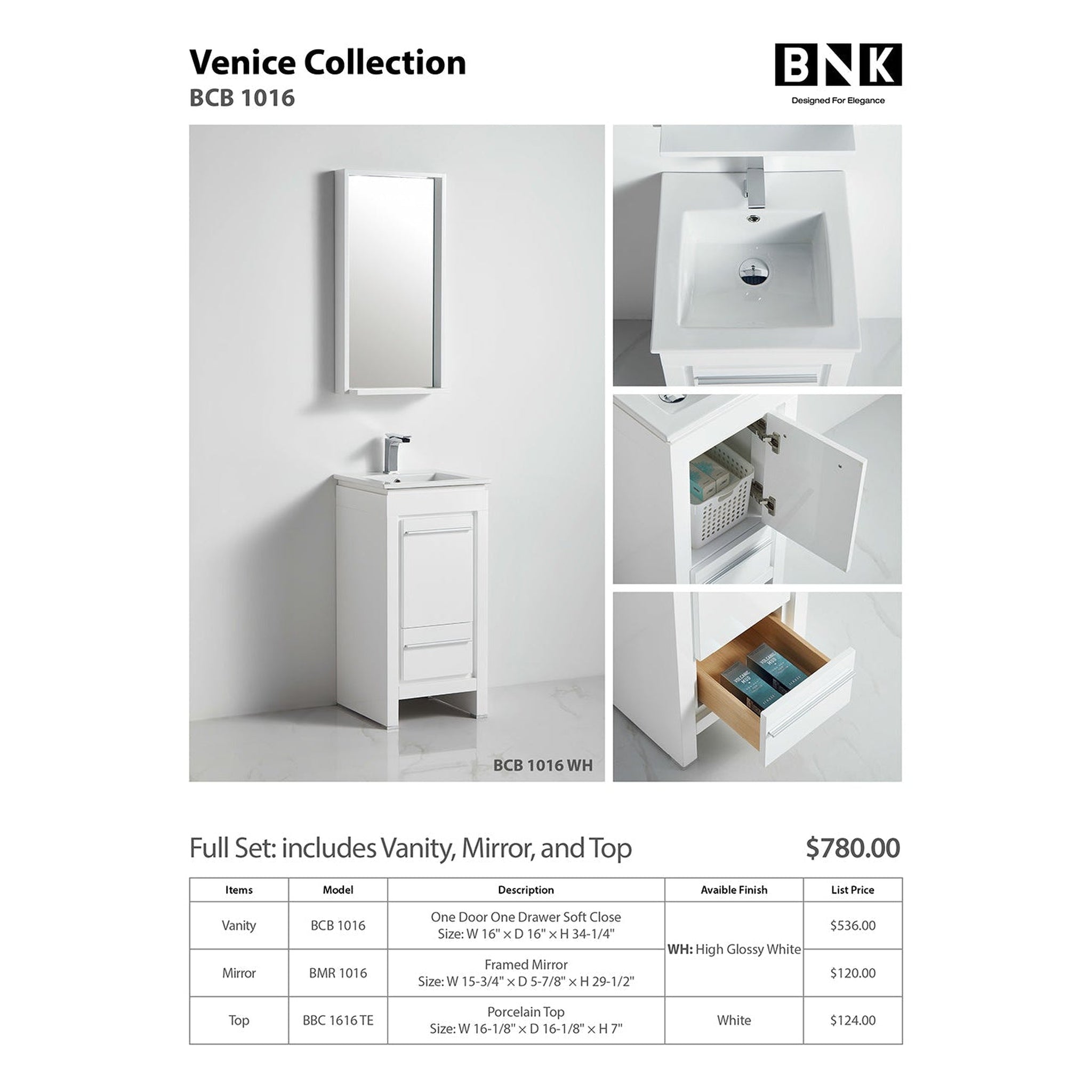 US Bath Store, BNK BCB1016 Venice High Glossy White Vanity Only One Door One Drawer Soft Close