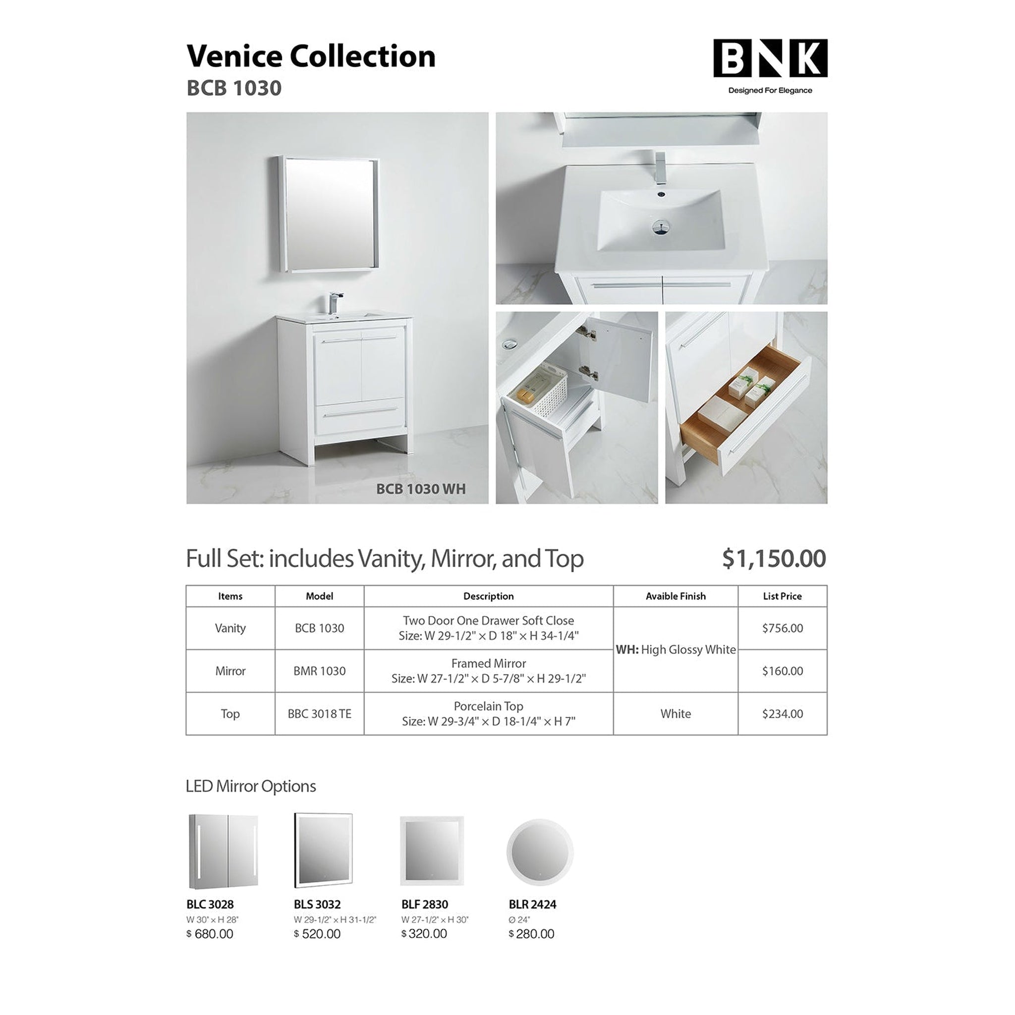 US Bath Store, BNK BCB1030 Venice High Glossy White Vanity Only Two Door One Drawer Soft Close