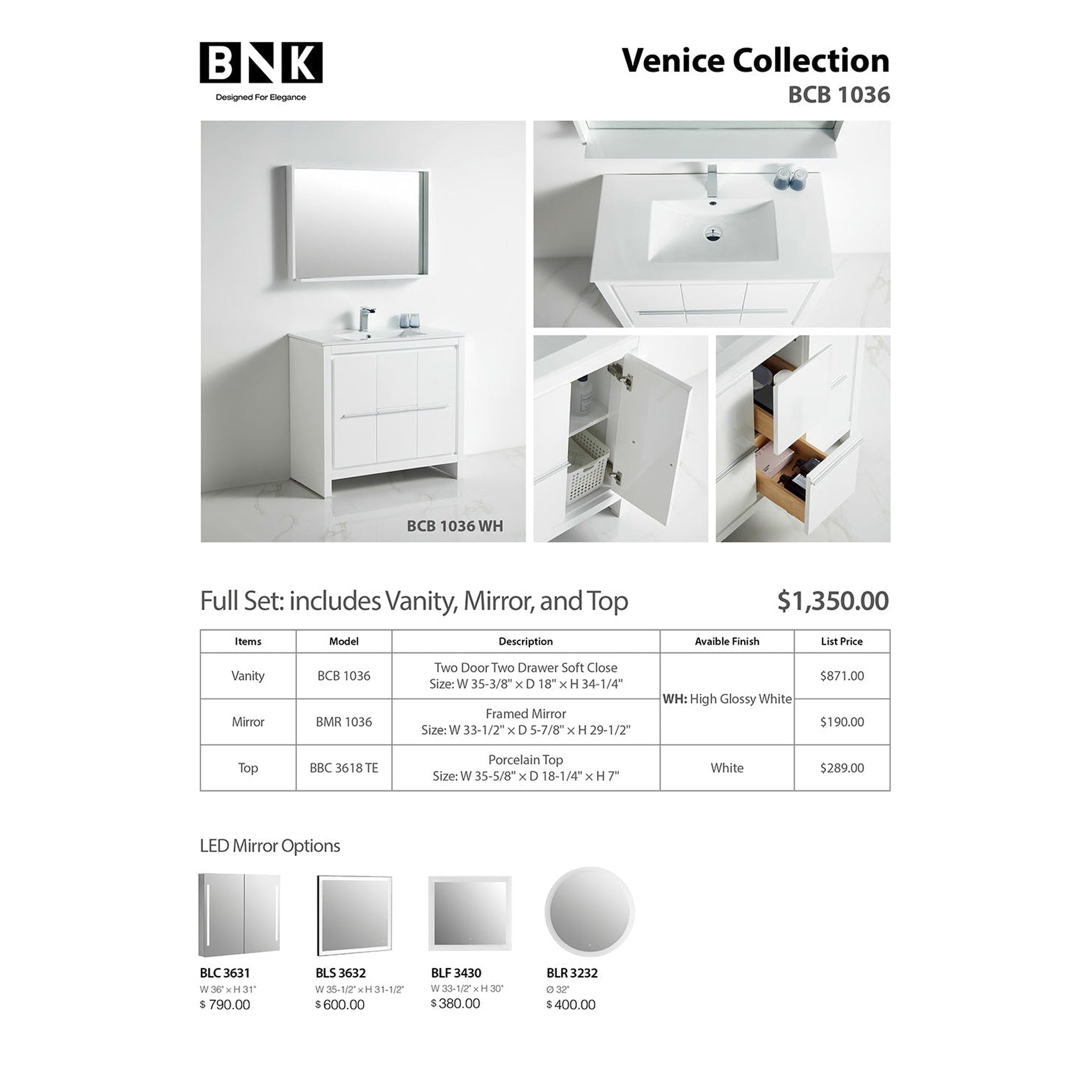 US Bath Store, BNK BCB1036 Venice High Glossy White Vanity Only Two Door One Drawer Soft Close