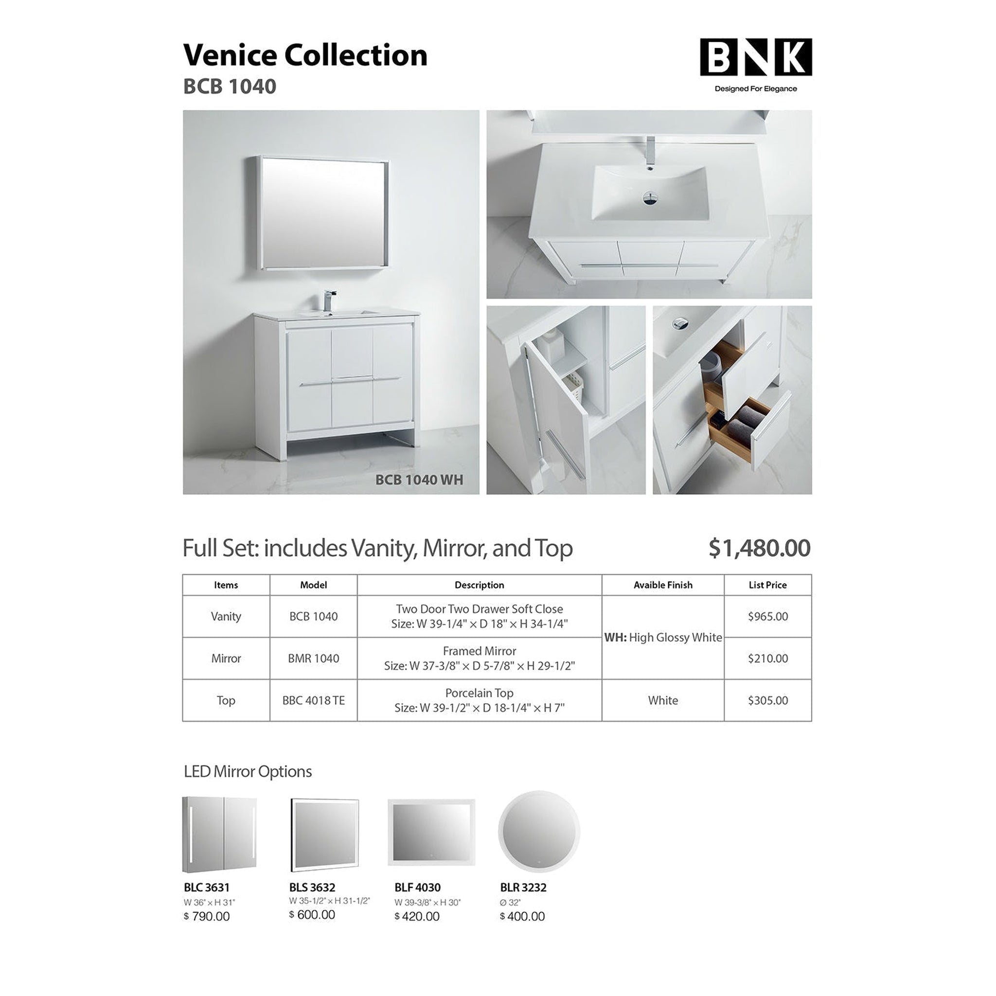 US Bath Store, BNK BCB1040 Venice High Glossy White Vanity Only Two Door One Drawer Soft Close