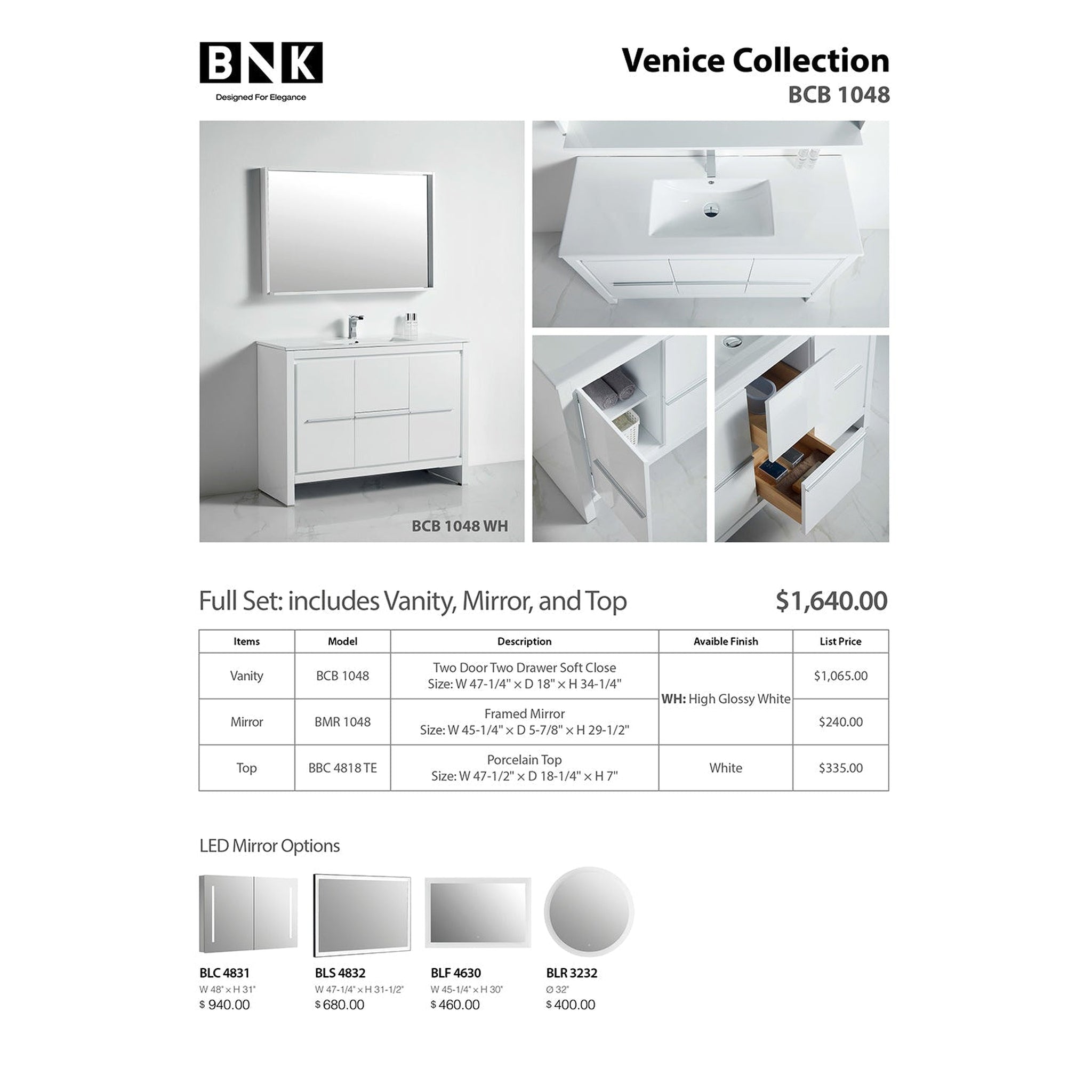 US Bath Store, BNK BCB1048 Venice High Glossy White Vanity Only Two Door One Drawer Soft Close